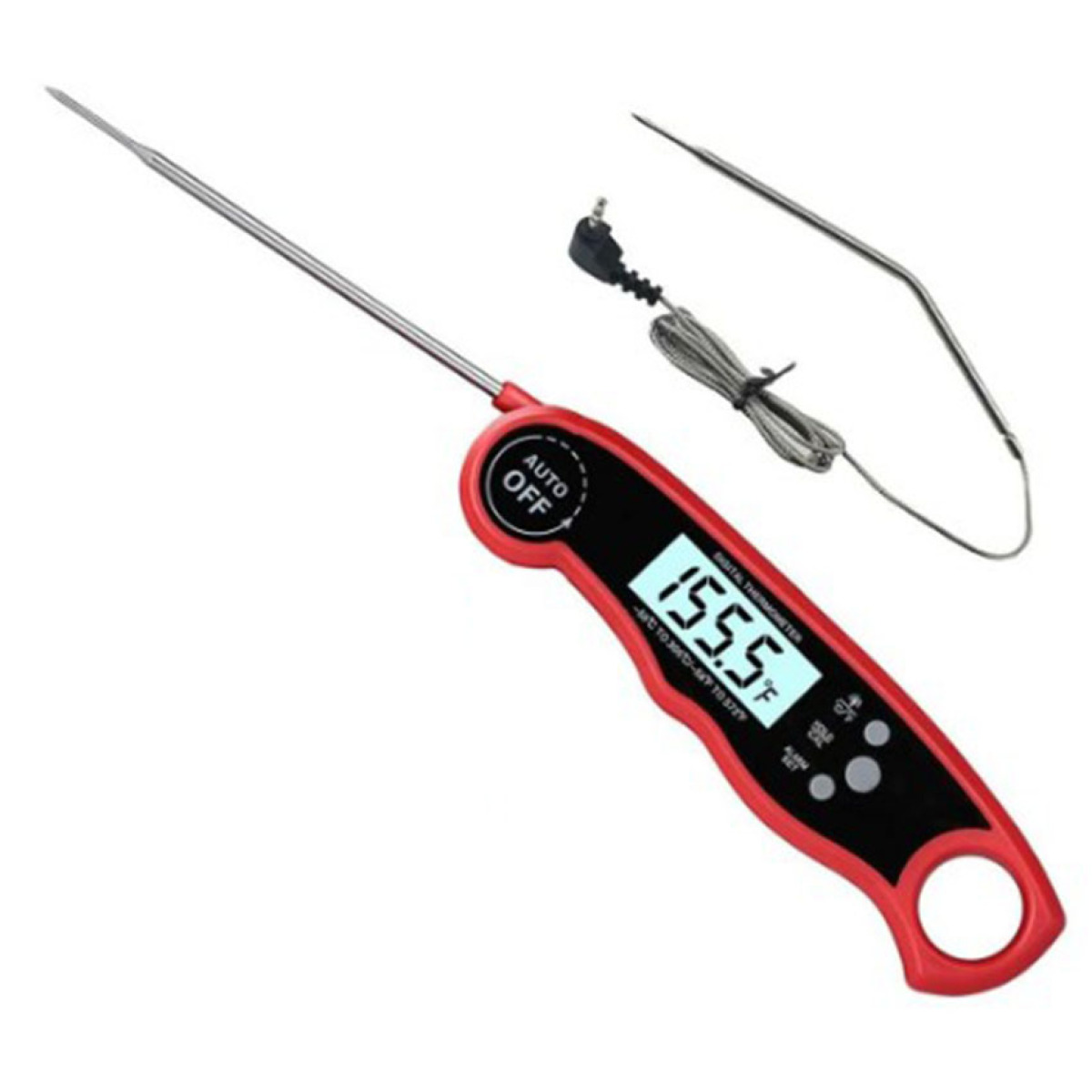 Digitales Fleischthermometer, rot, mit LCD, Auto-Off und Temperaturanzeige.