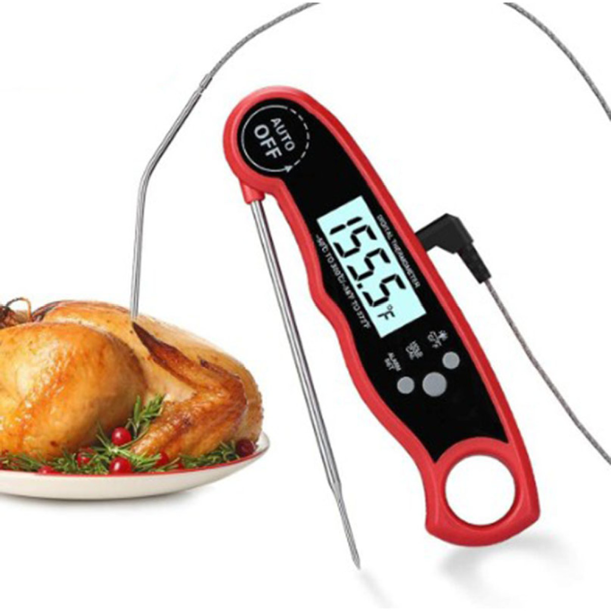 Ein digitales Thermometer misst die Temperatur eines gebratenen Truthahns mit Gemüse auf einem Teller.