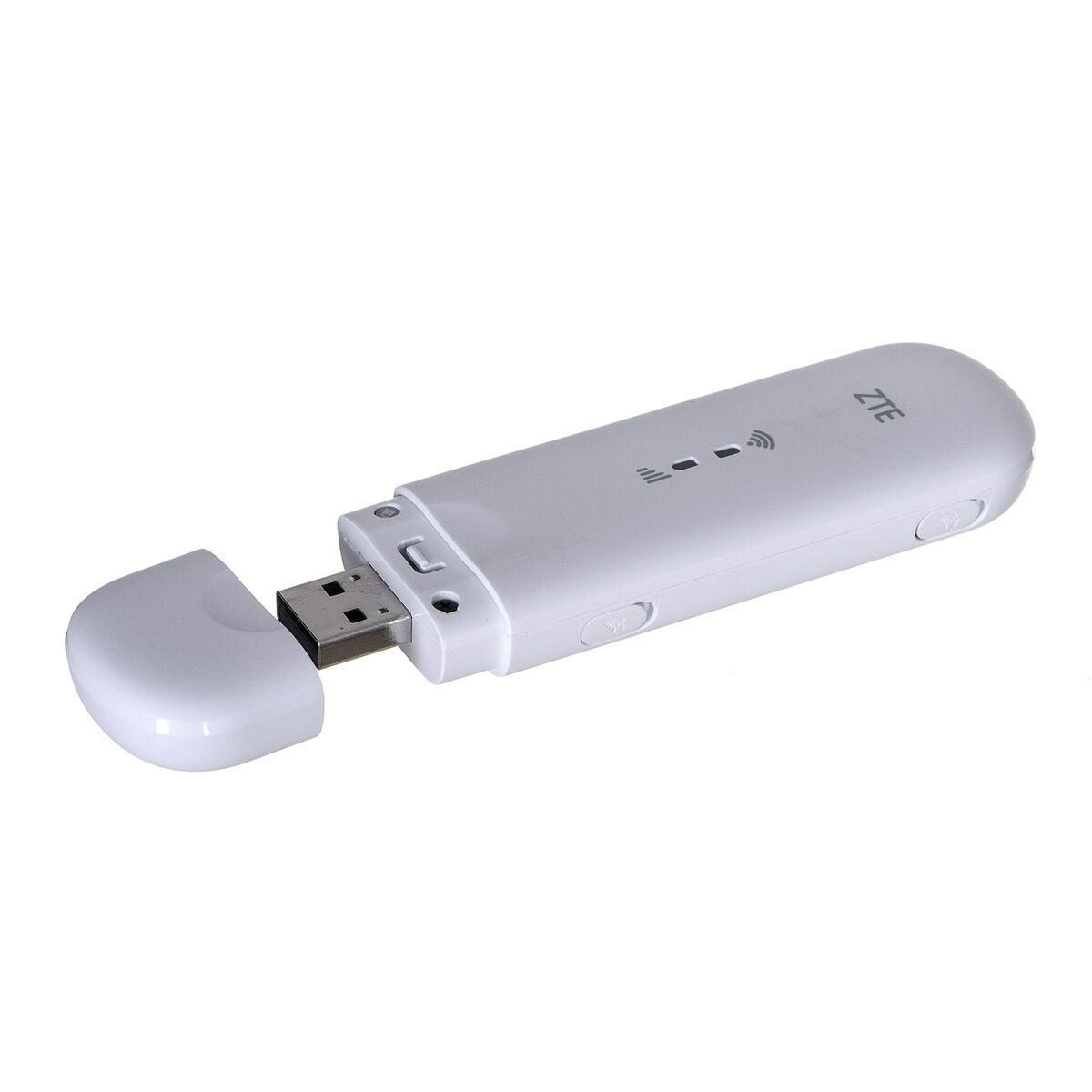 Weißes ZTE USB-Modem mit geöffneter Kappe, das den USB-Anschluss zeigt.