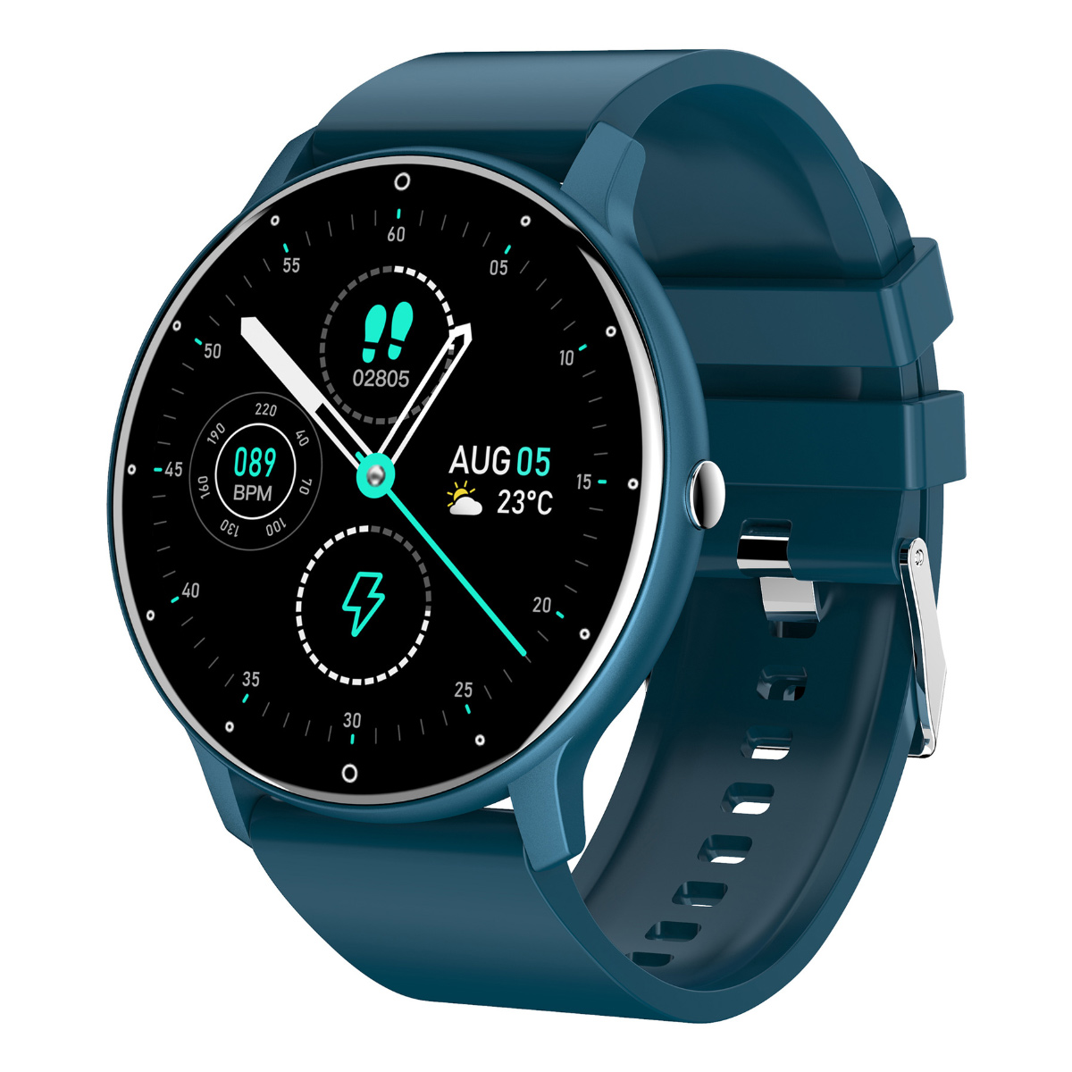 Blaue Smartwatch mit rundem Digitaldisplay. Die Uhr zeigt Datum, Uhrzeit und Gesundheitsdaten an. Blaues Armband.