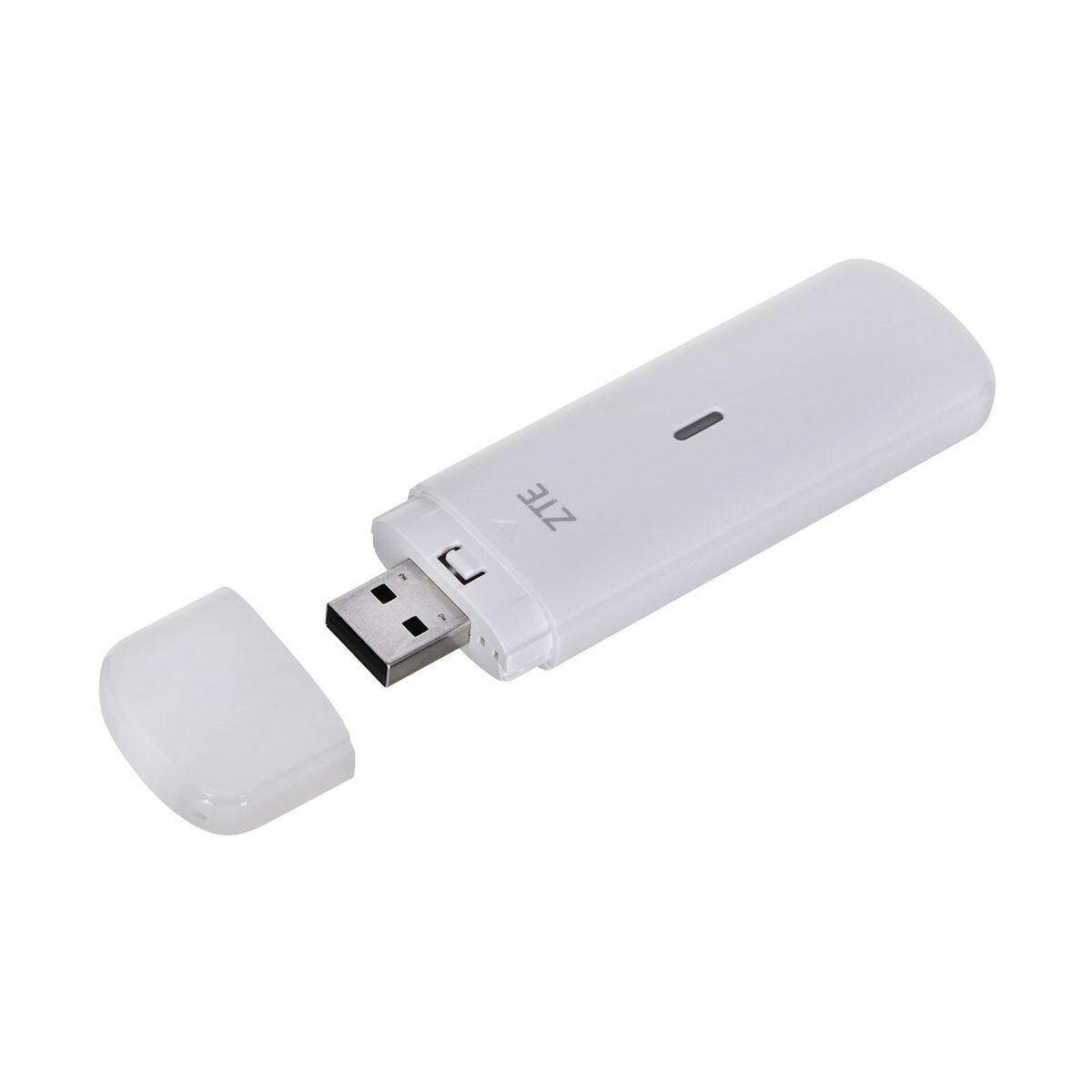 Ein weißes ZTE-USB-Modem mit abgenommener Kappe, das den USB-Anschluss zeigt.