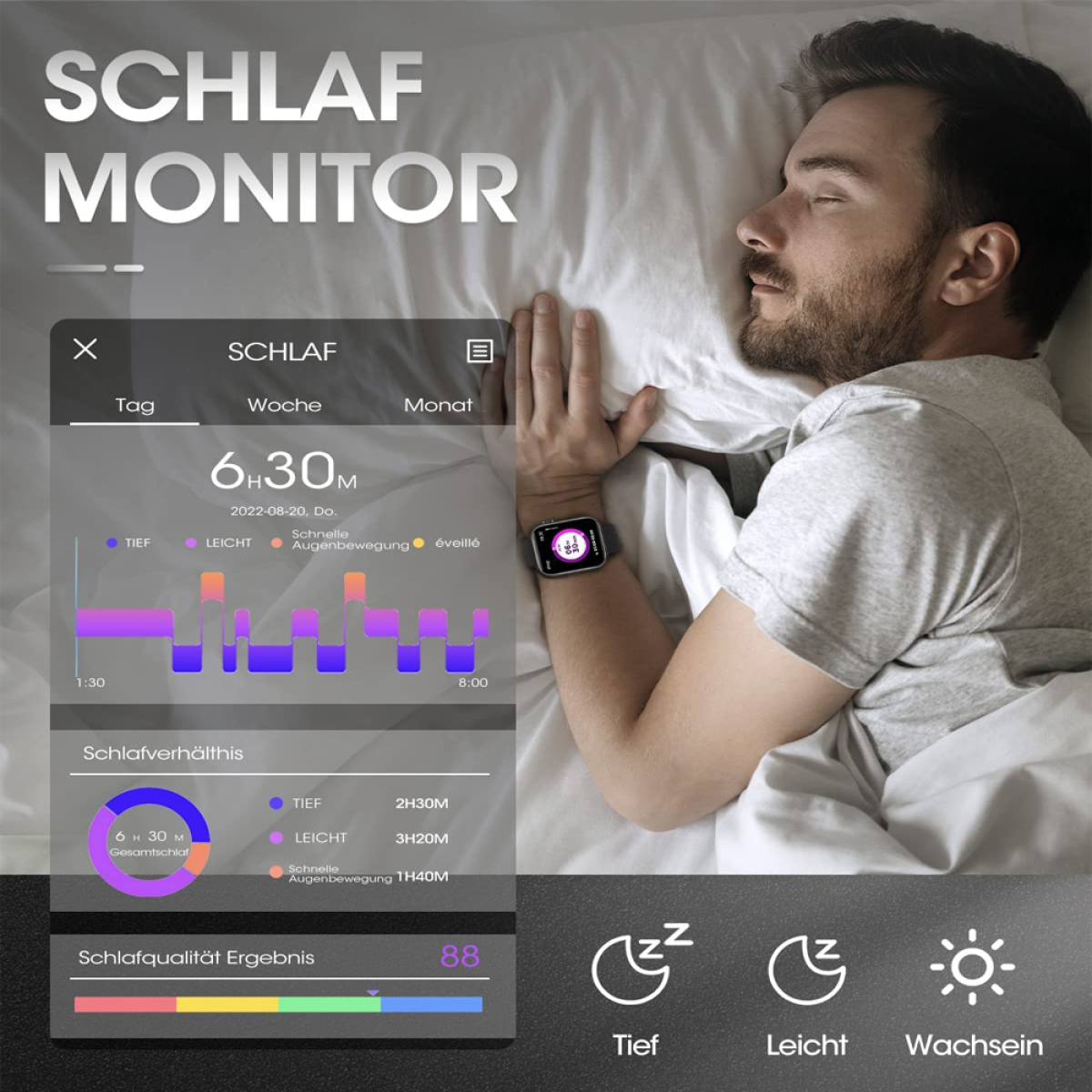 Mann schläft im Bett mit Schlafmonitor-Anzeige. Text: Schlaf Monitor, 6h 30m Schlaf.