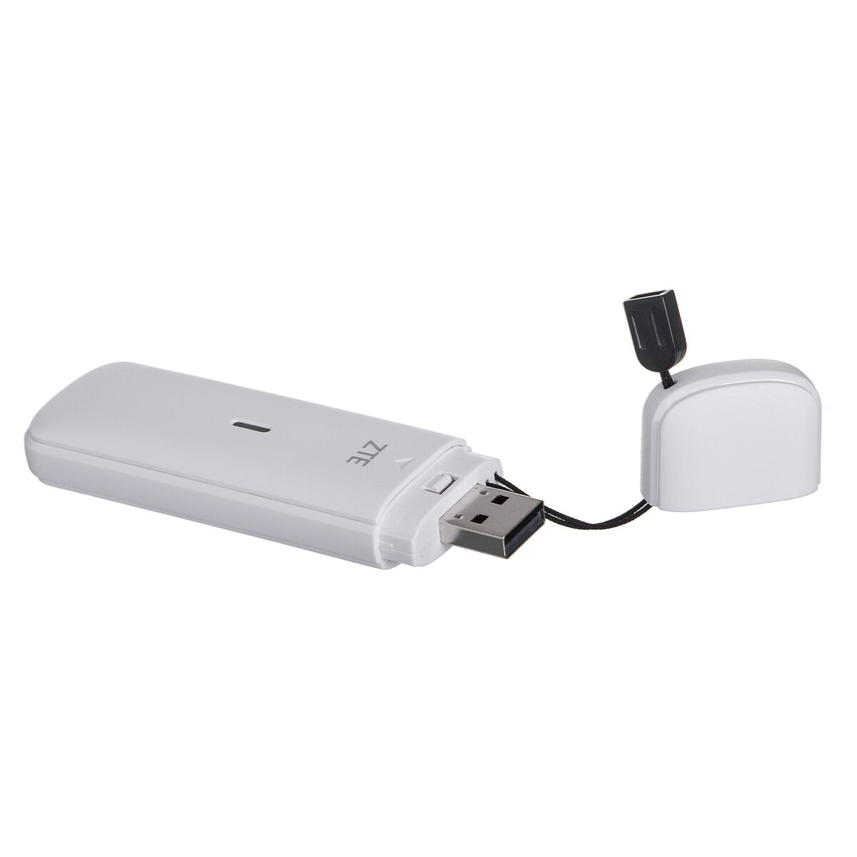 Weißes USB-Modem mit ZTE-Logo und schwarzem USB-Anschluss. Das Modem befindet sich vor weißem Hintergrund.
