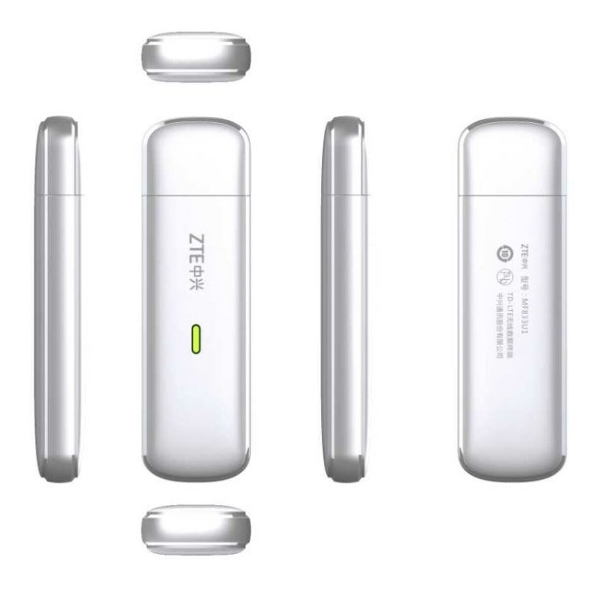 Weißes ZTE-Modem mit mehreren Ansichten. Das Gerät ist rechteckig.