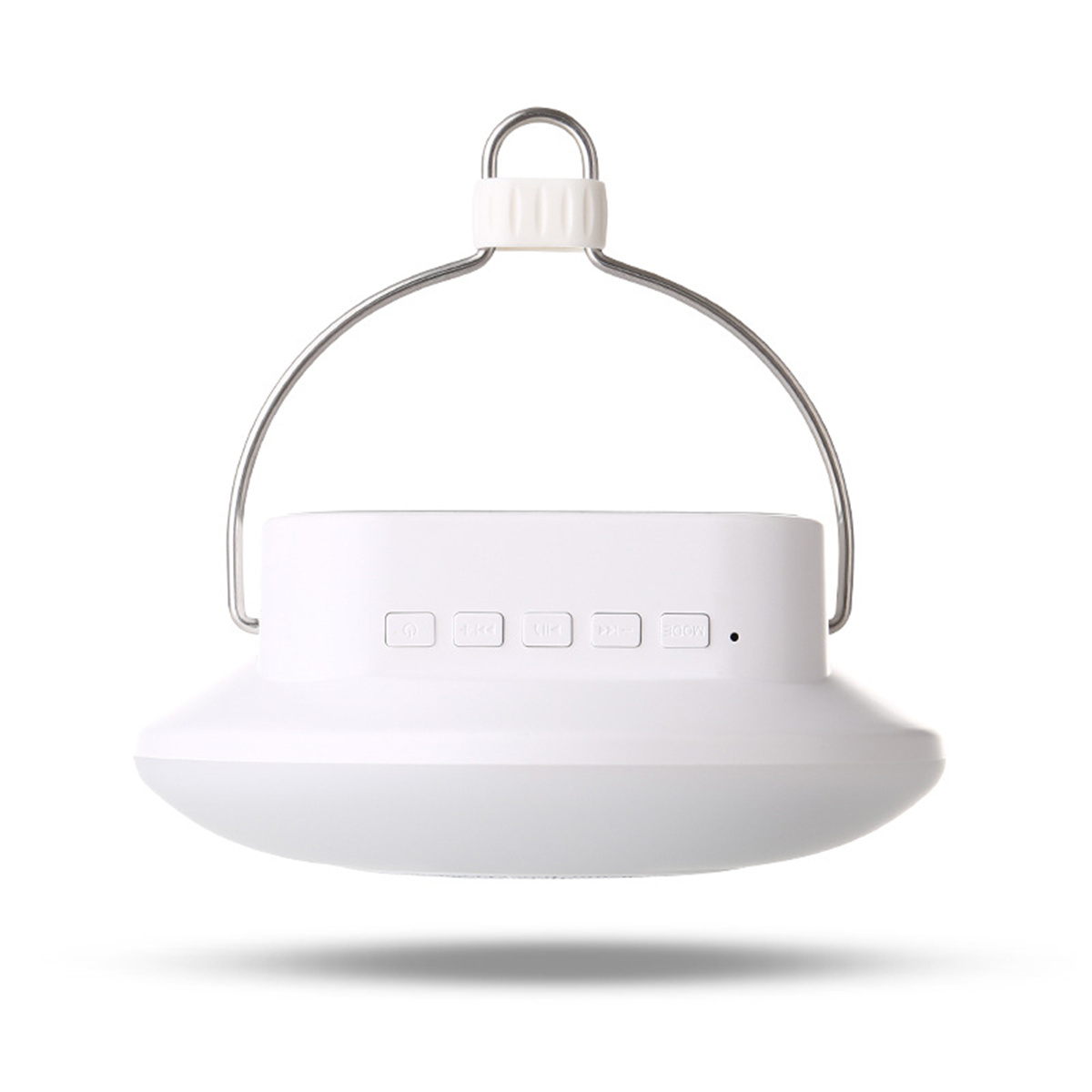 Eine weiße, UFO-förmige Lampe mit Knöpfen und einer Aufhängeschlaufe, isoliert auf weißem Hintergrund.