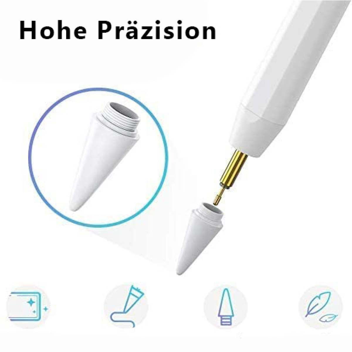 Weißer Stift und Spitze, Nahaufnahme von Stift und Spitzendetail.