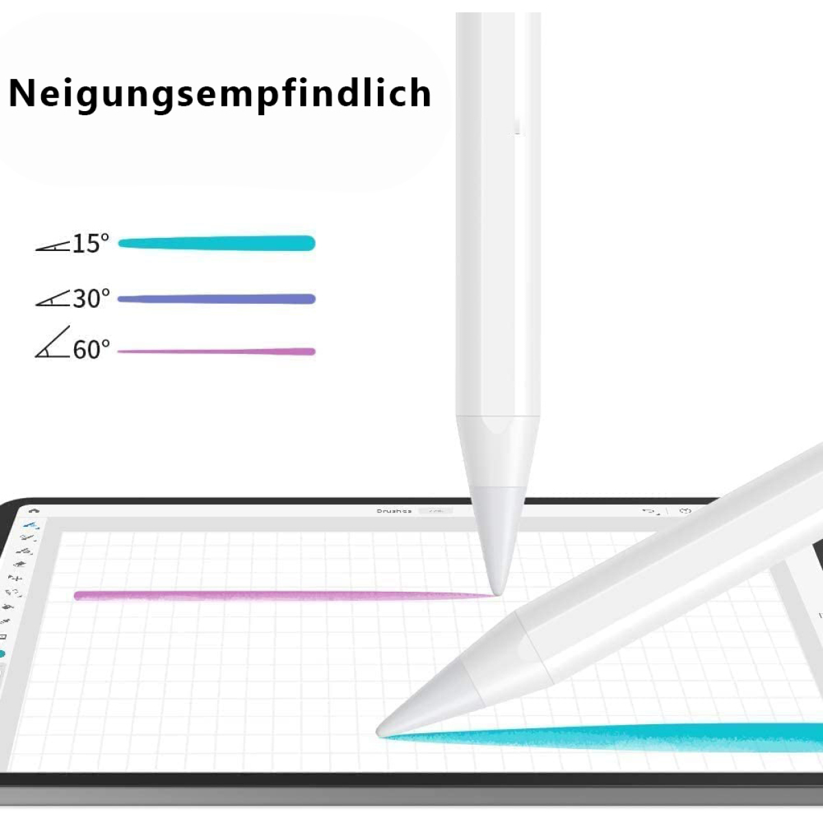 Stift auf einem Tablet, der Linien in verschiedenen Winkeln zeigt. Der Stift ist weiß.