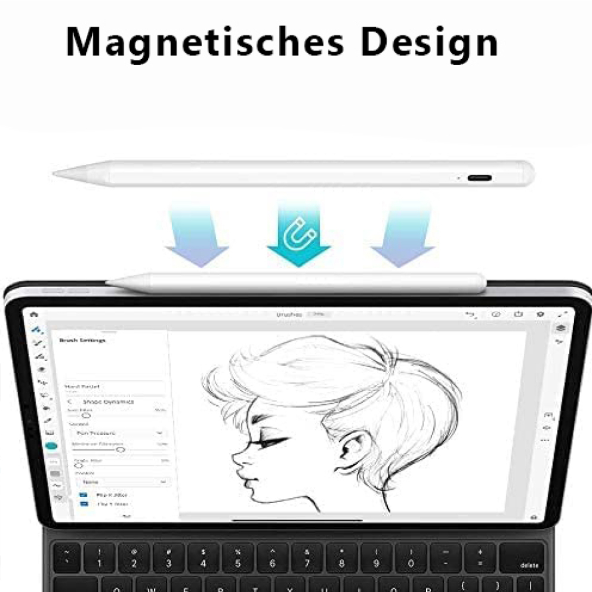 Stift über einem Tablet, das eine Zeichnung zeigt, mit dem Text "Magnetisches Design".