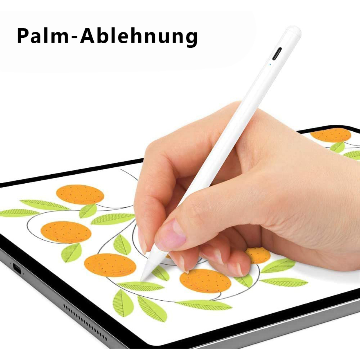 Eine Hand, die einen weißen Stift über einem Tablet hält und ein orange-grünes Design zeichnet.