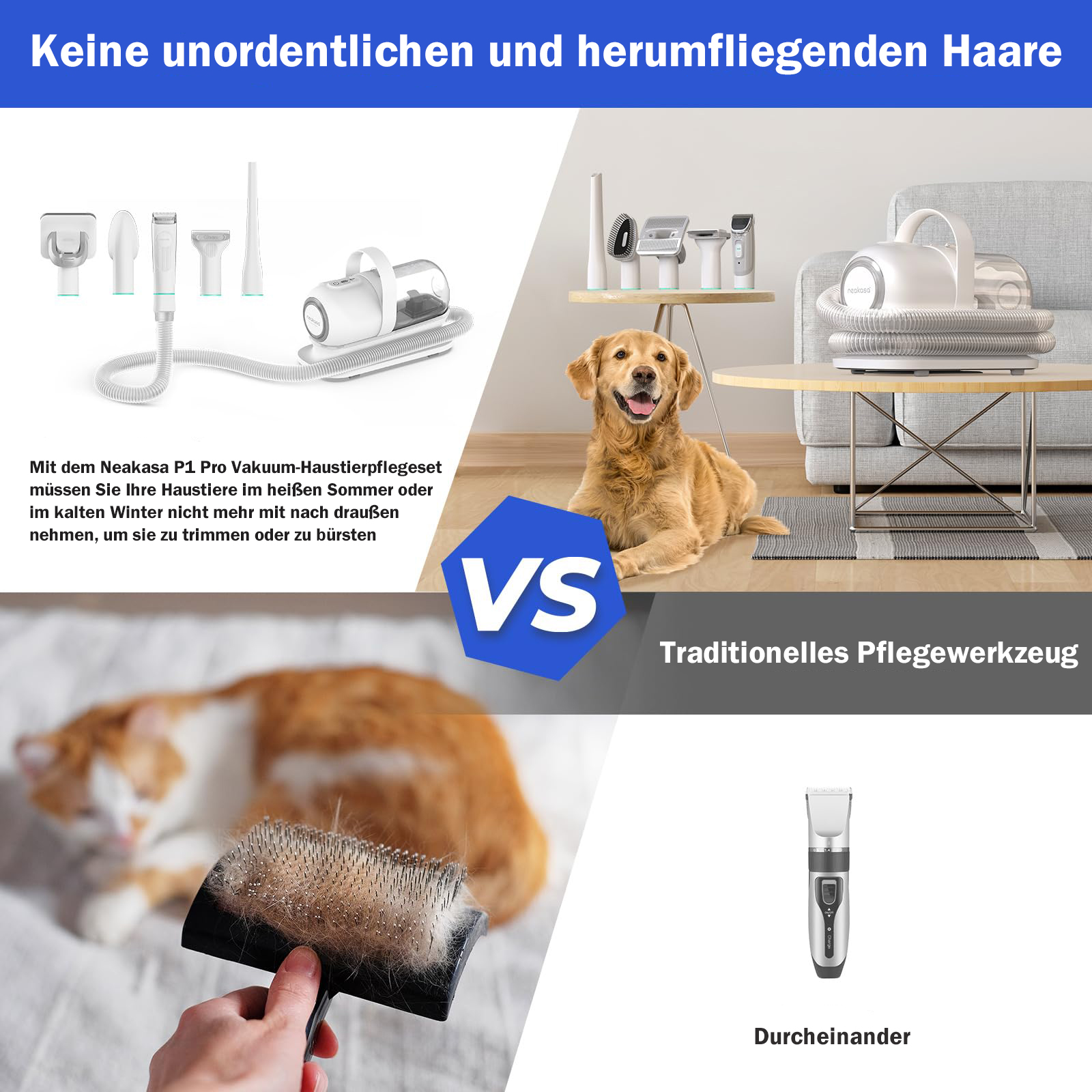 Pflegewerkzeugen 5 Hundeschermaschine Haustierpflegeset,Tierhaarschneidemaschine mit Staubsauger mit Pro P1 NEAKASA Profi
