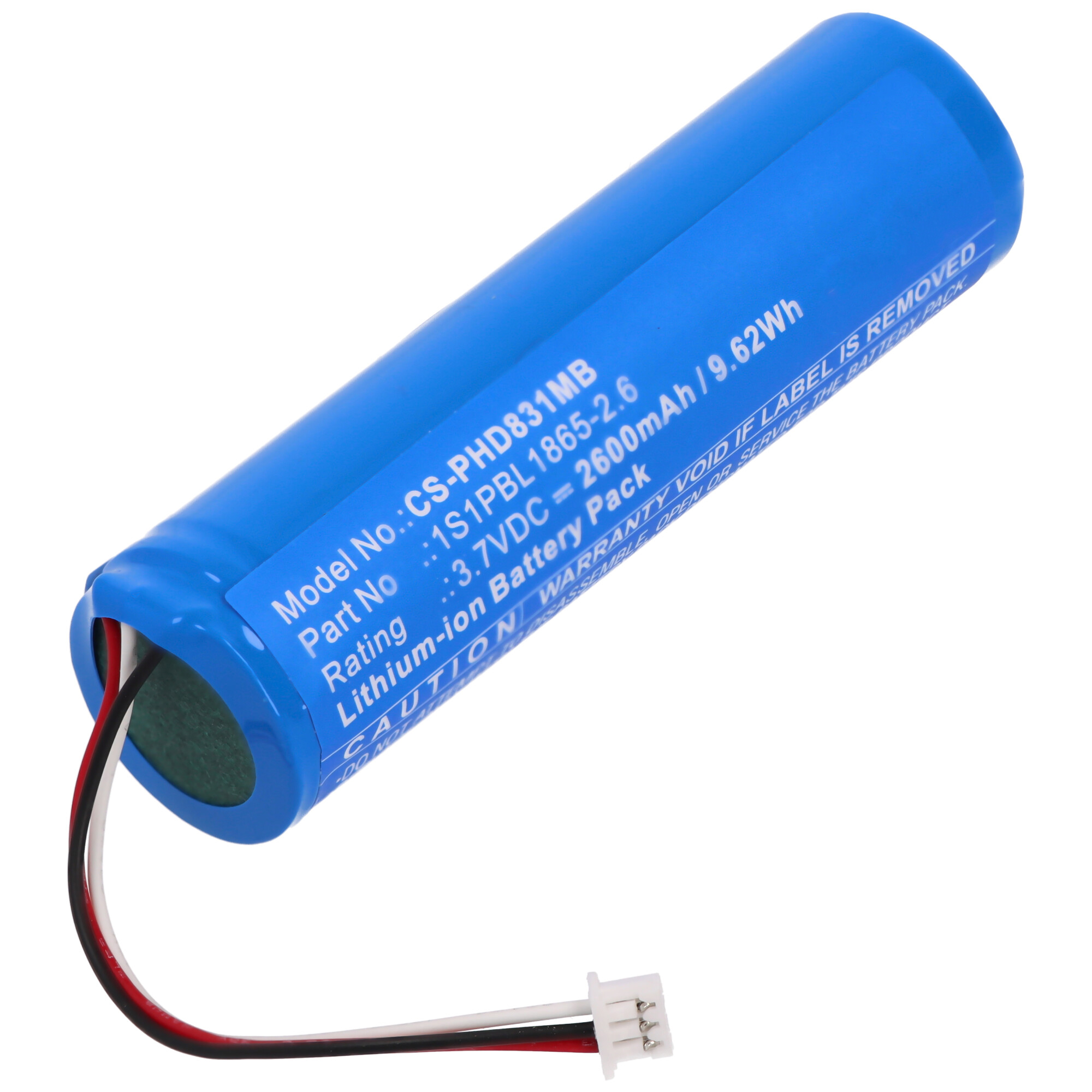 Eine blaue zylindrische Batterie mit Etiketten, mit weißen und roten Drähten und einem Anschluss.