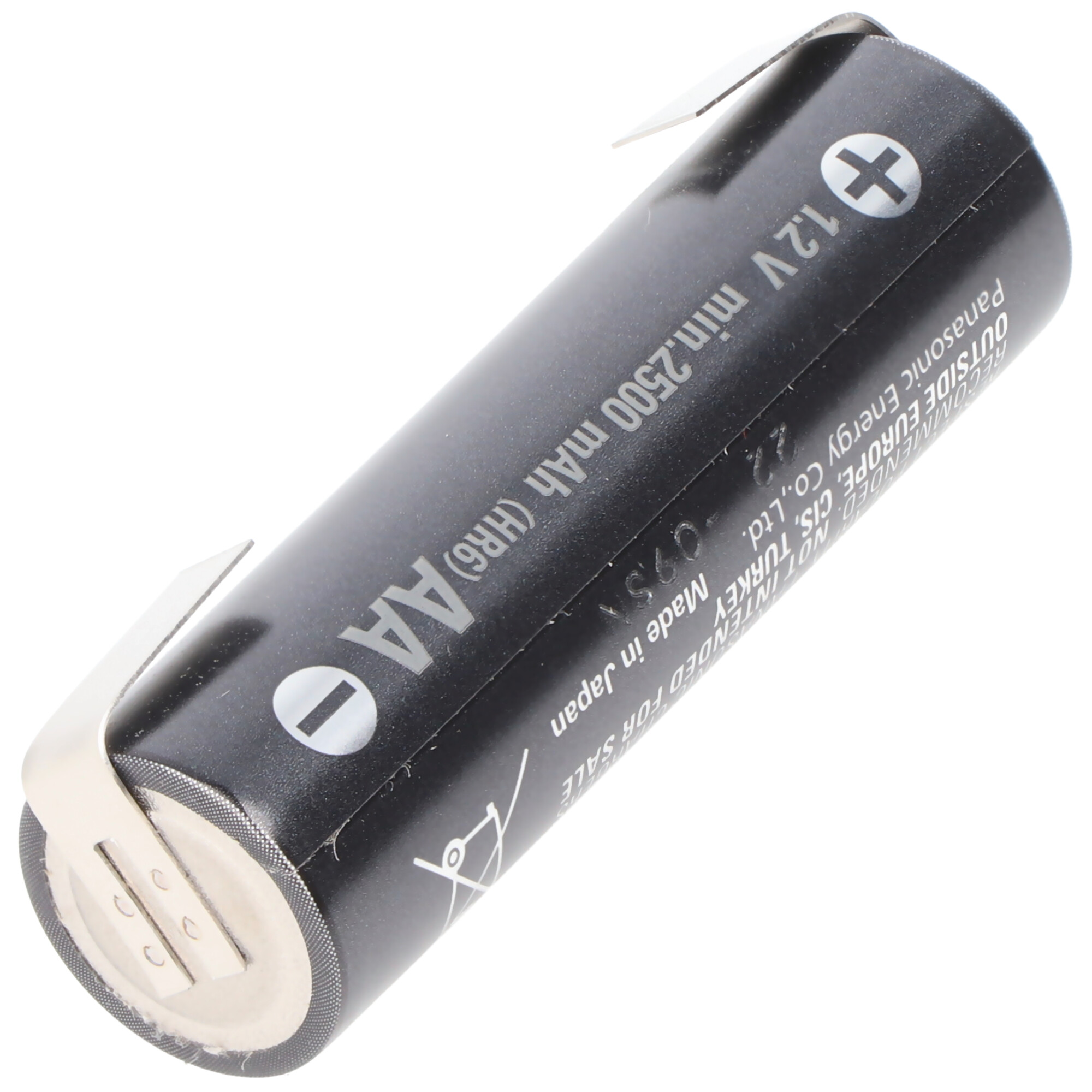 Schwarze AA-Batterie mit weißen Plus- und Minuszeichen und Text.