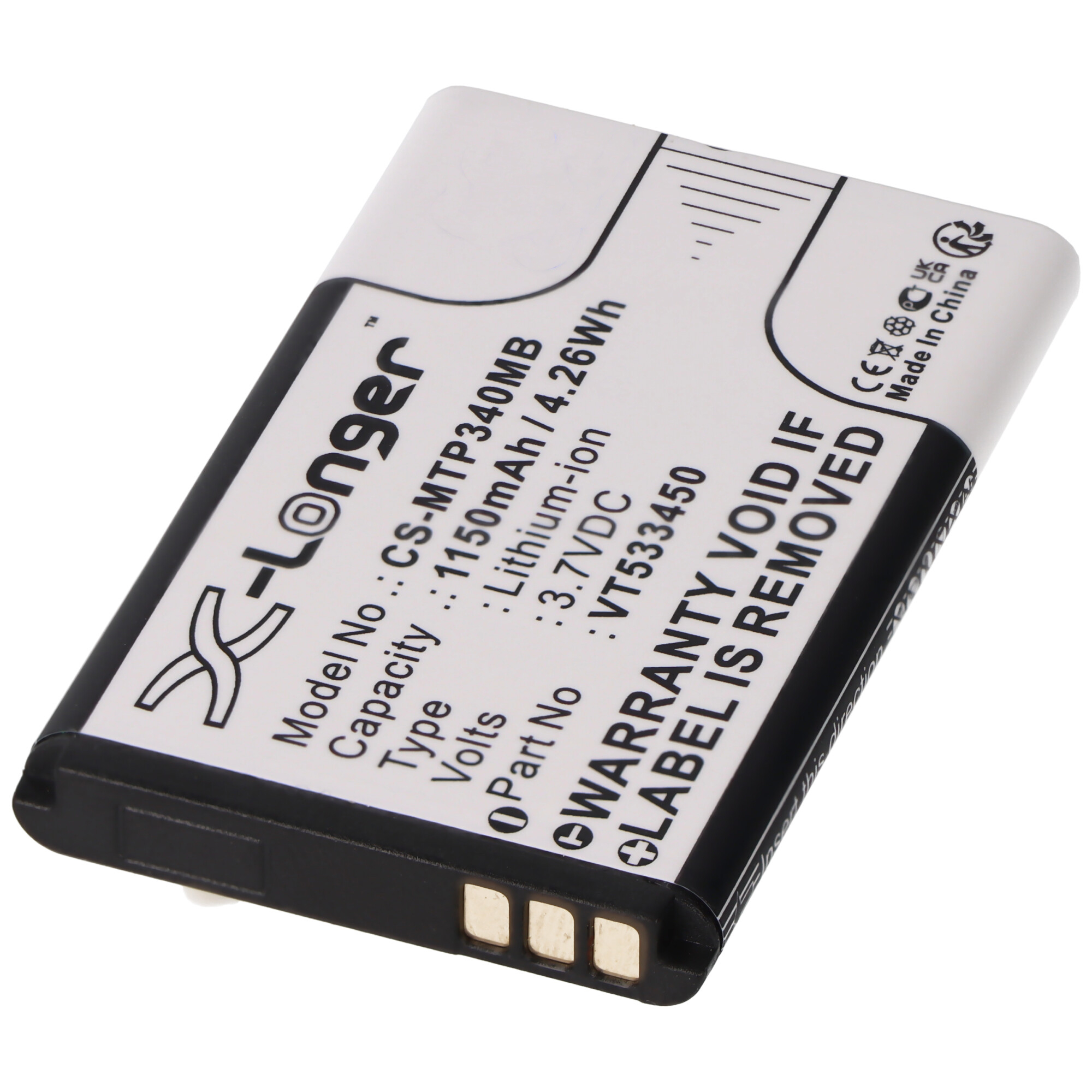 Kleine Batterie mit Text. Weißer Hintergrund. Text: Longer, 1150mAh/4.26Wh, 3.7VDC.