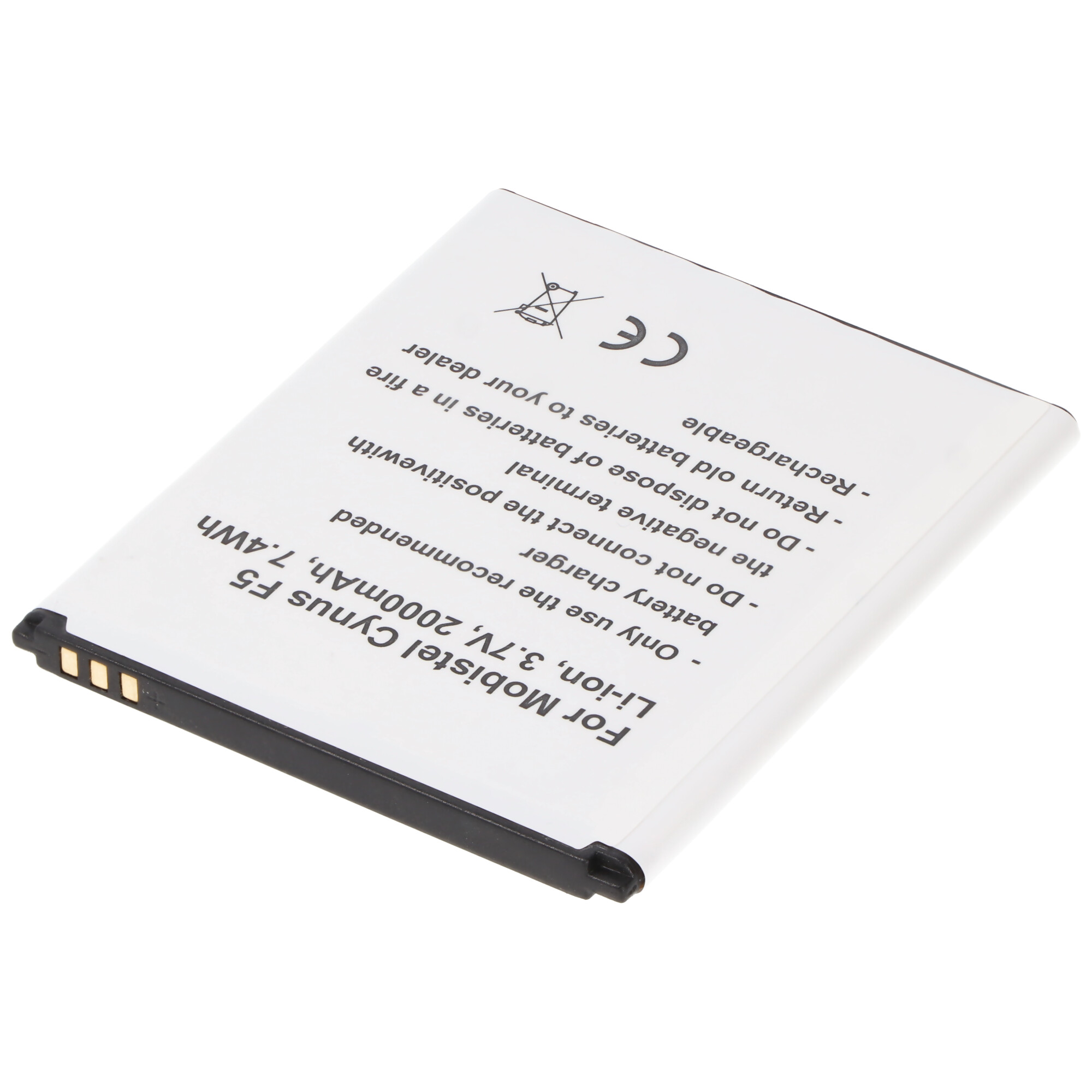 Ein weißer und schwarzer Akku. Text: Li-Ion, 3.7V, 2000mAh, 7.4Wh. Für Mobistel Cyrus F5.