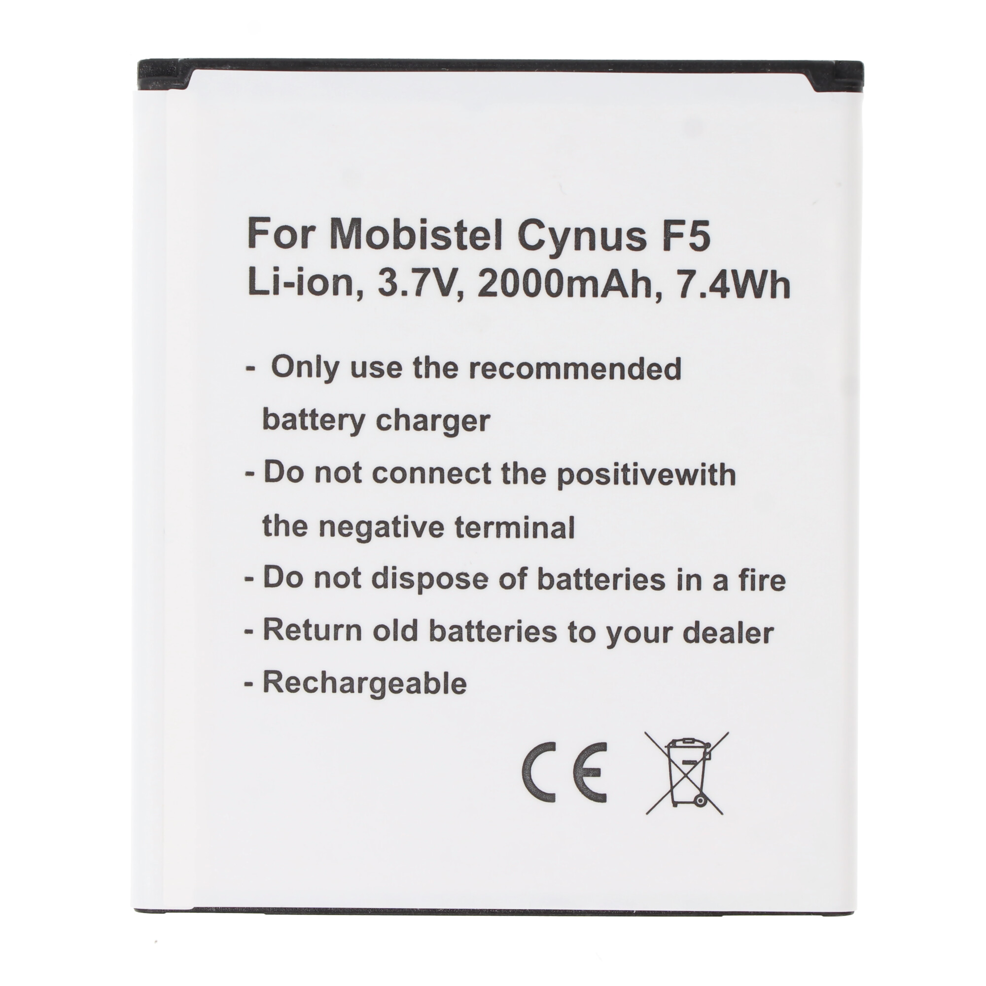 Ein weißes Batteriepack mit aufgedrucktem Text. Es enthält Warnungen und Spezifikationen.
