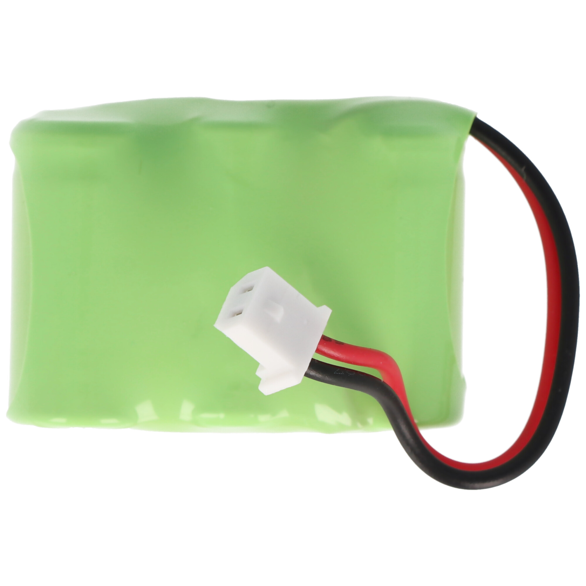 Grünes Batteriepack mit Stecker und Kabeln, weißer Hintergrund.