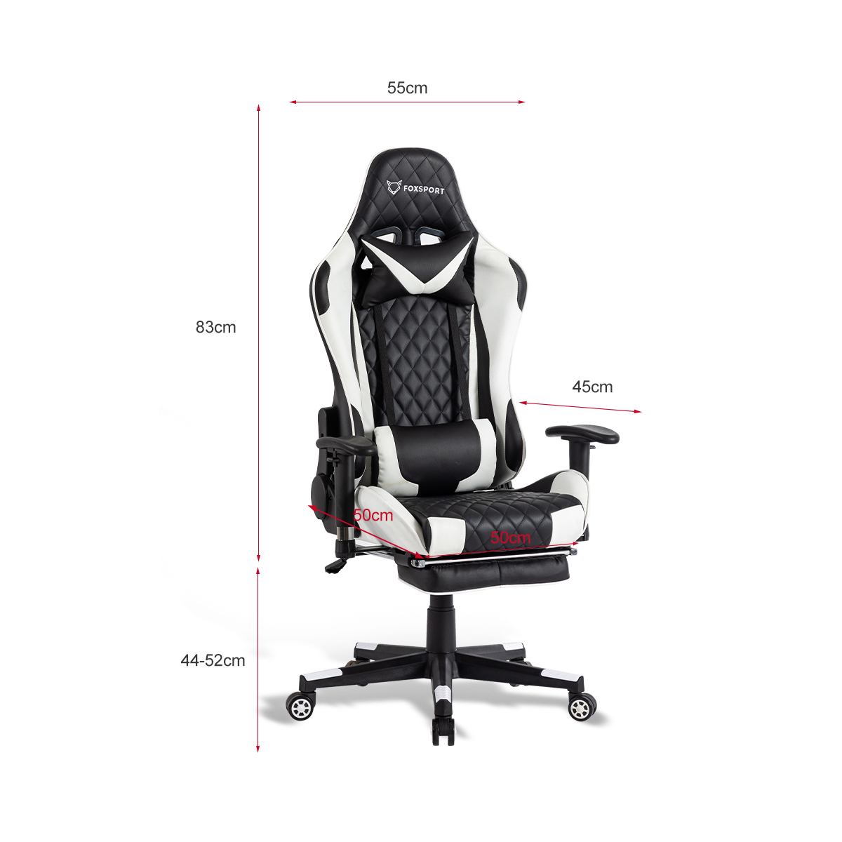 Ein schwarz-weißer Gaming-Stuhl mit beschrifteten Abmessungen, vor weißem Hintergrund.