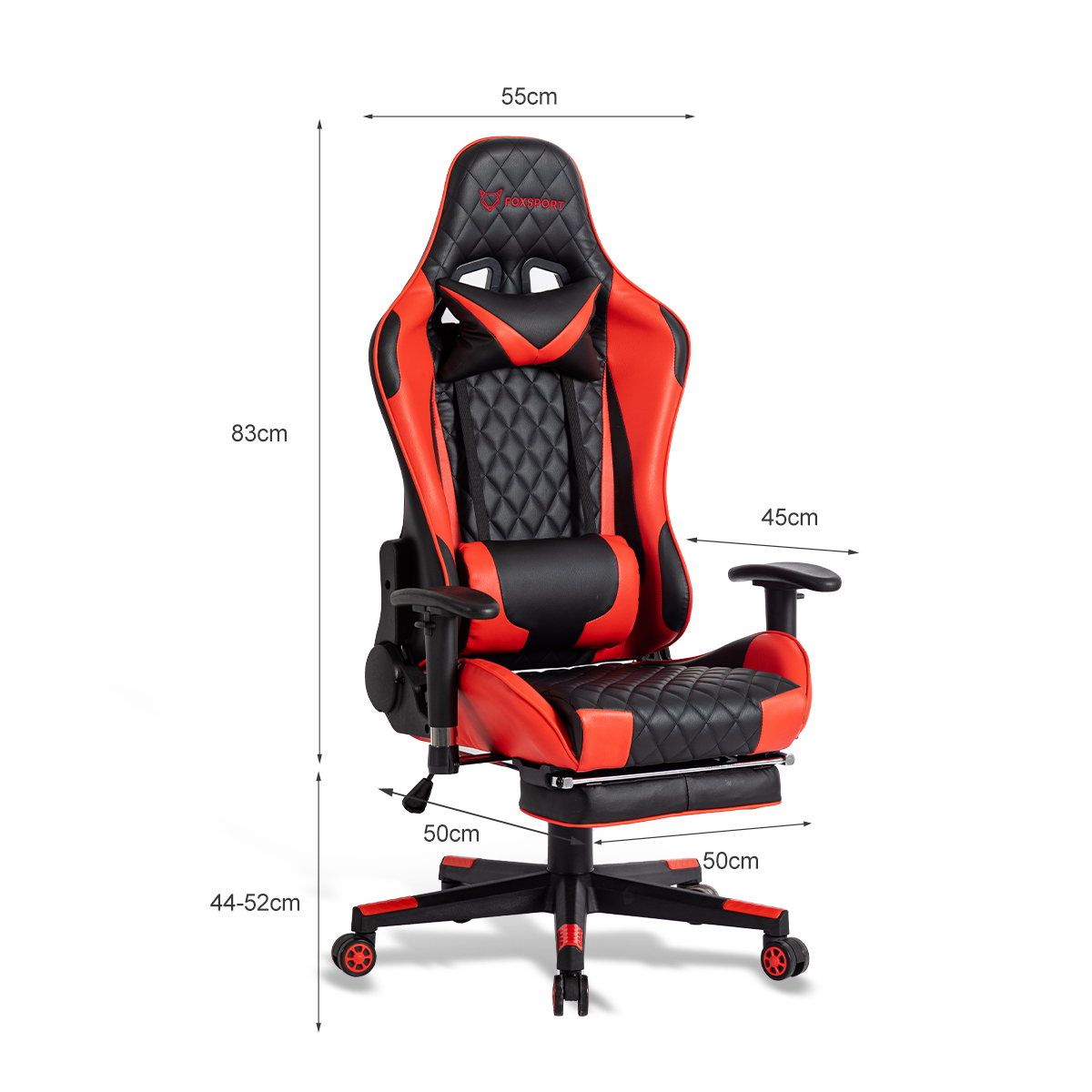 Gaming-Stuhl, schwarz und rot. Mit hohem Rücken, Kopfstütze, Lendenwirbelstütze und Maßen.
