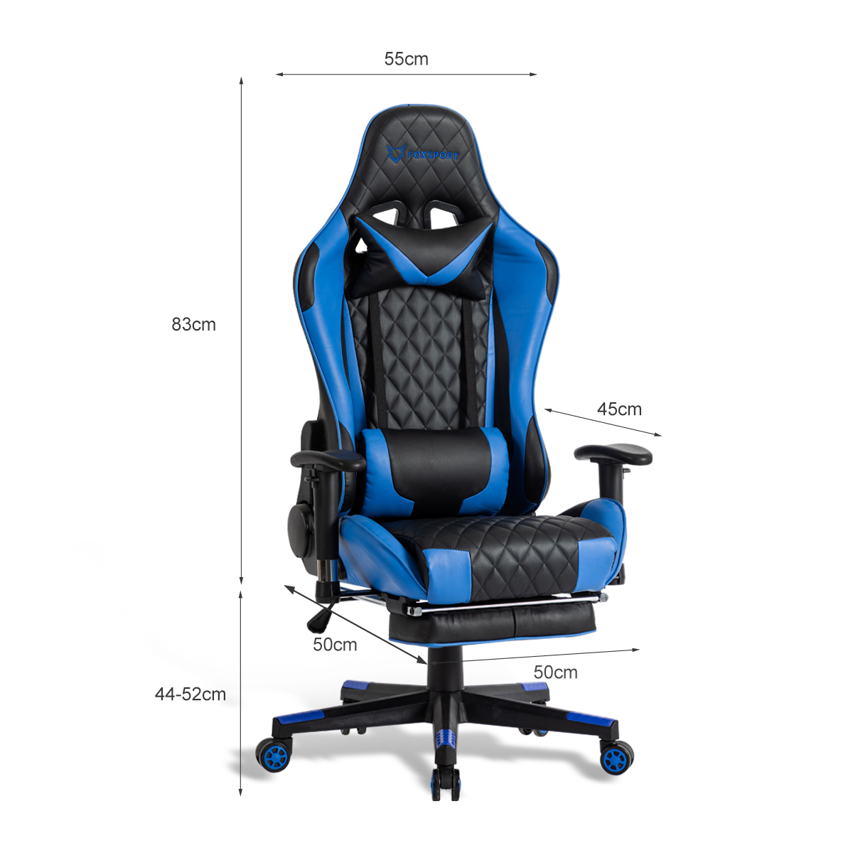 Blau-schwarzer Gaming-Stuhl mit Abmessungen. Der Stuhl steht vor weißem Hintergrund.