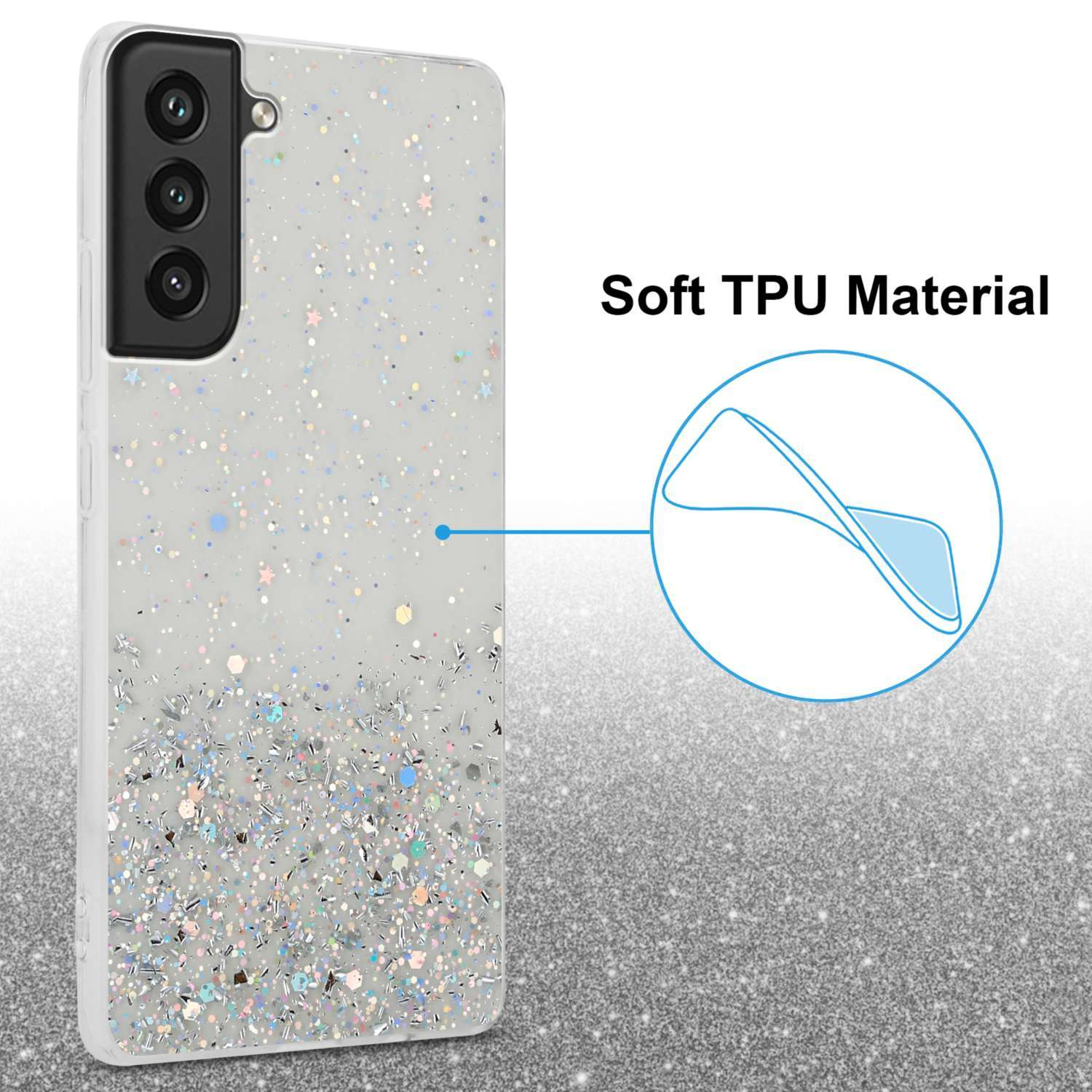 Samsung, FE, CADORABO Glitter, funkelnden Galaxy Backcover, S21 Glitter Transparent Schutzhülle mit mit