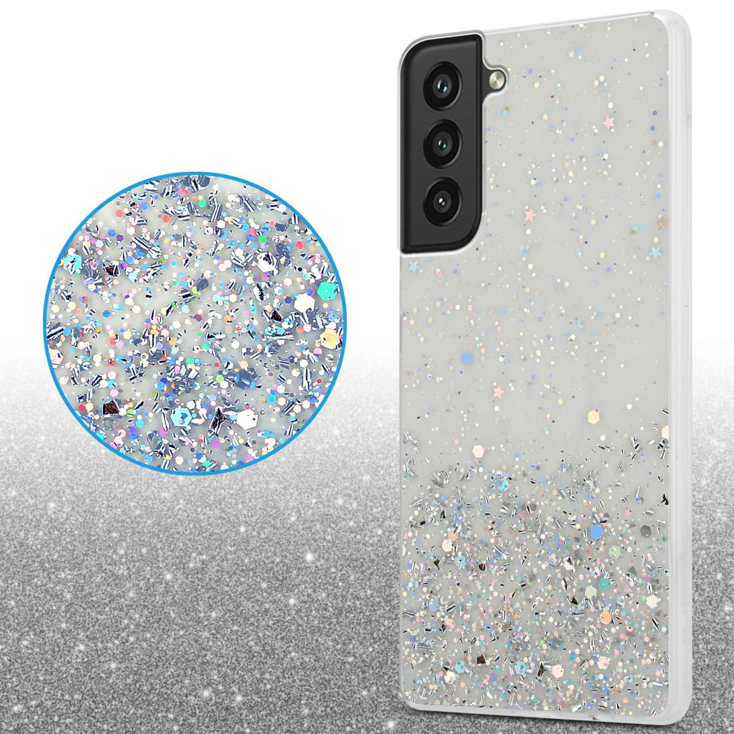 CADORABO Schutzhülle mit funkelnden Glitter, Transparent Backcover, FE, Galaxy Samsung, mit Glitter S21