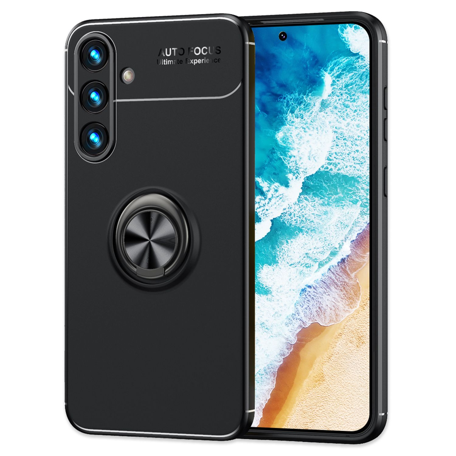 Teléfono negro con funda negra y anillo plateado. La funda tiene lentes de cámara y pantalla visible.