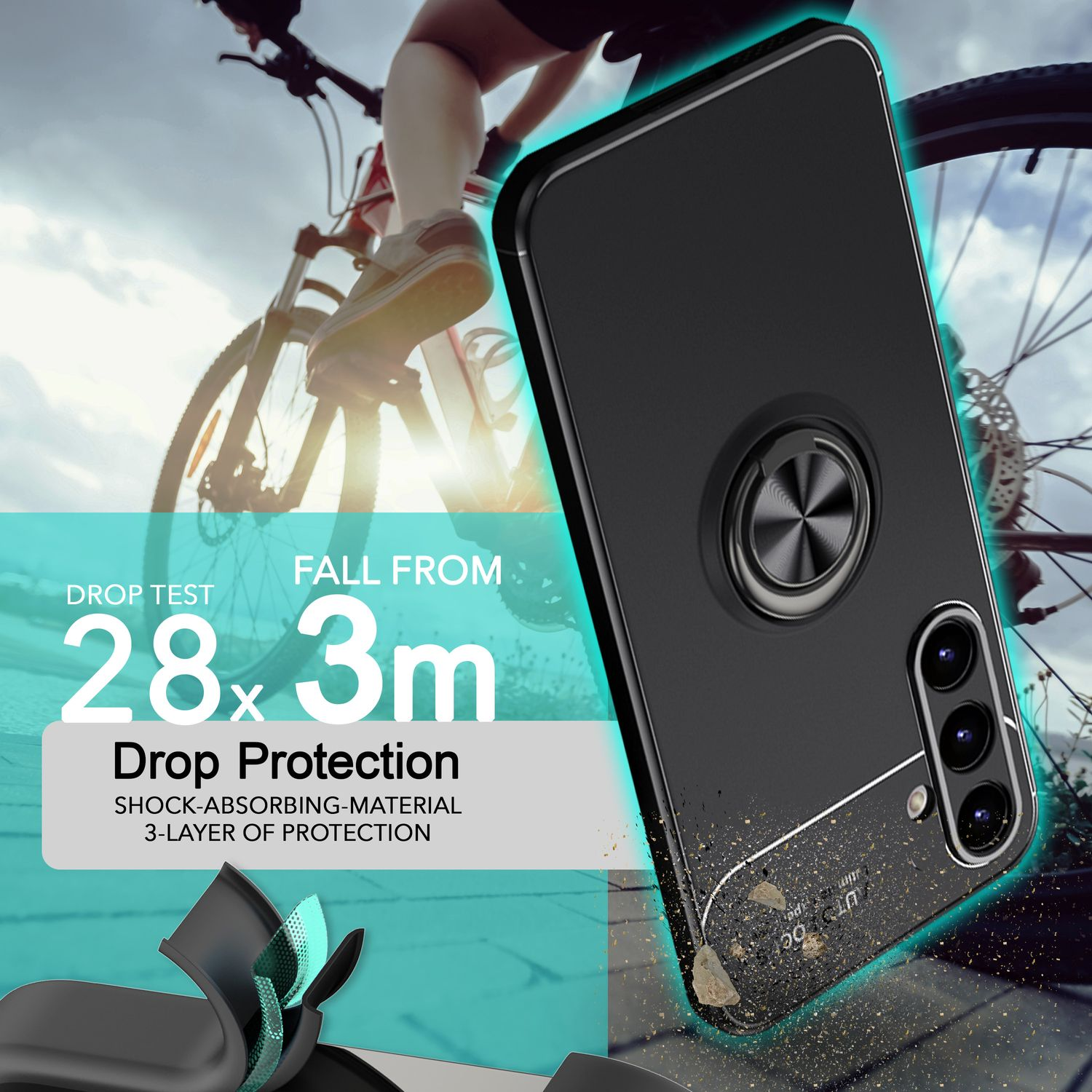 Funda negra para teléfono con soporte de anillo sobre fondo de bicicleta, información de prueba de caída.