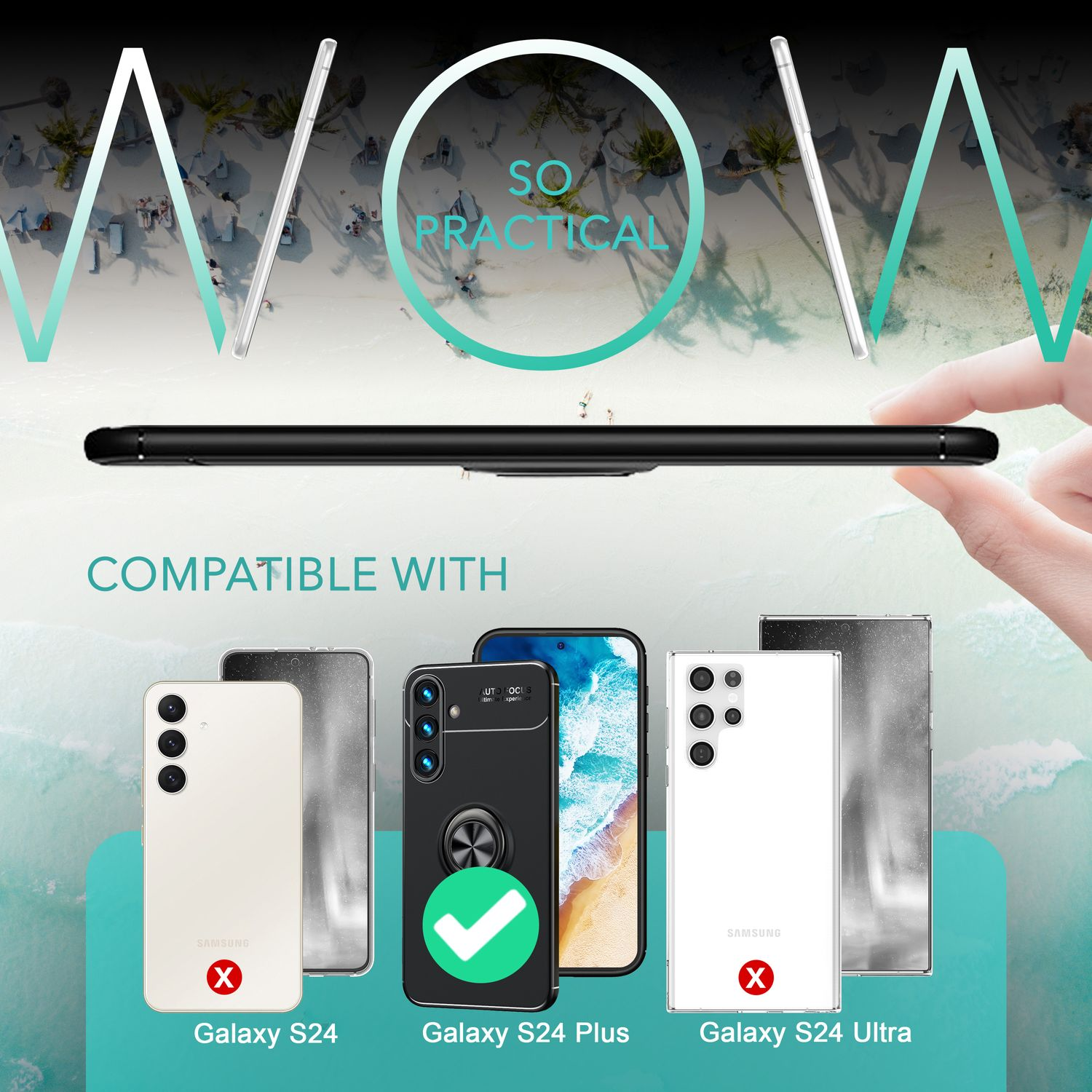 Una funda de teléfono con teléfonos en el fondo. El texto dice compatible con Galaxy S24 Plus.