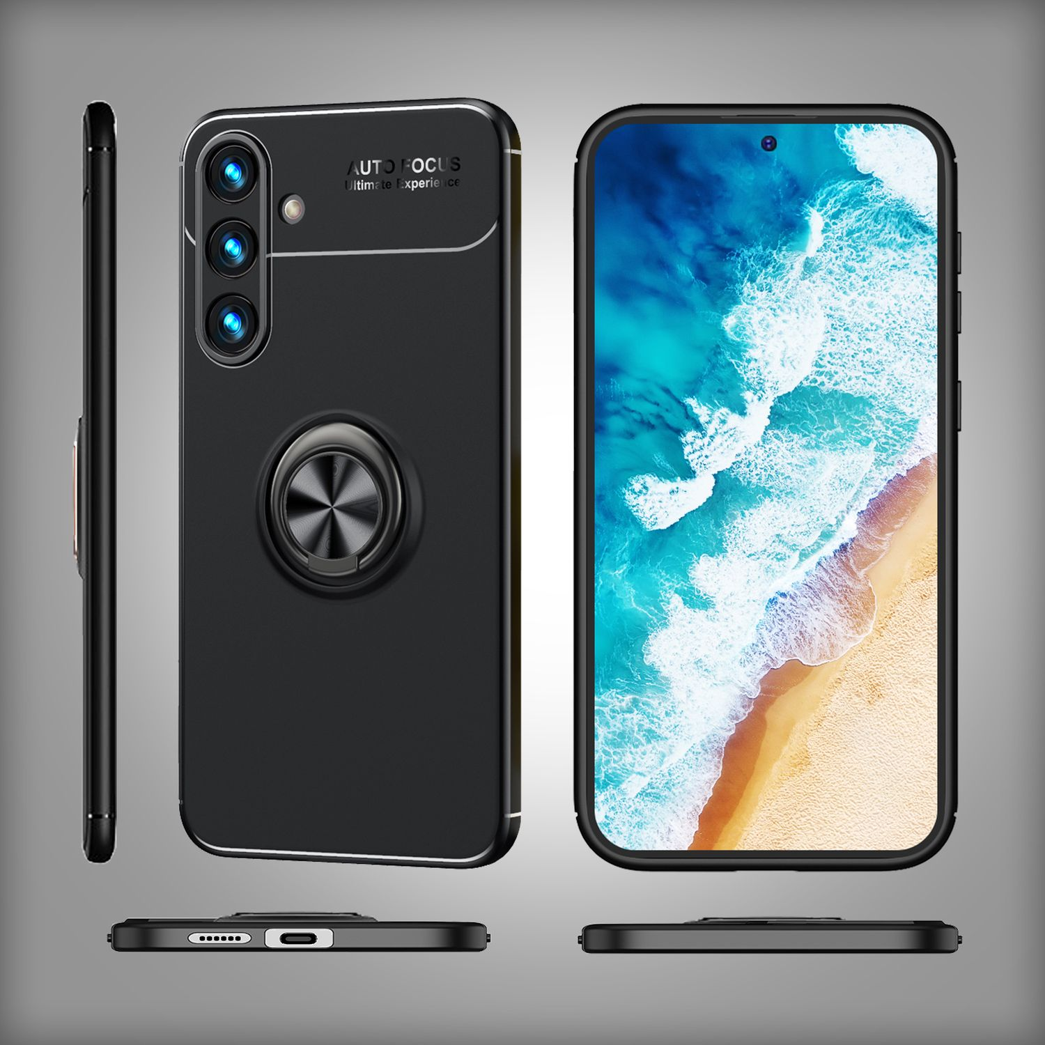 Una funda negra para teléfono con soporte de anillo, vista desde múltiples ángulos, con fondo borroso.