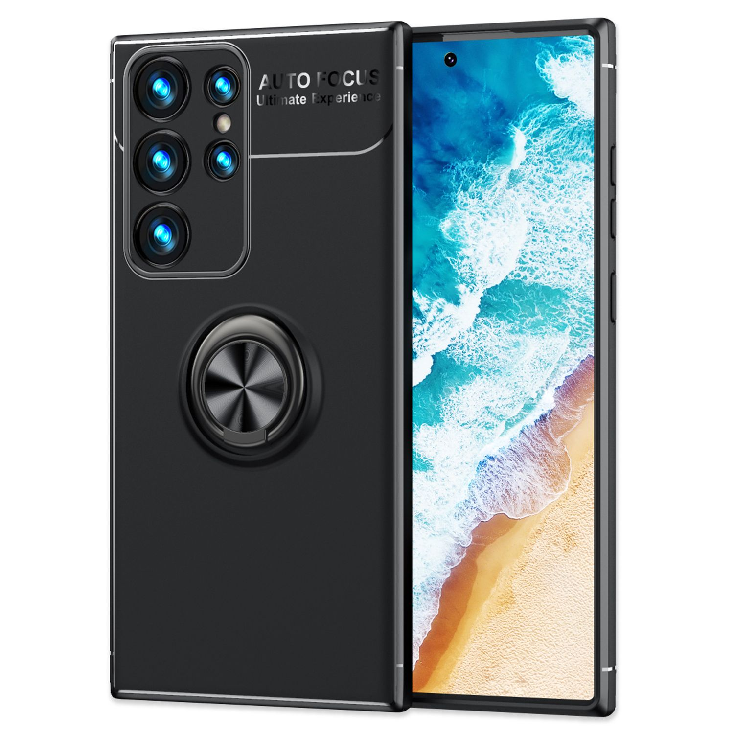 Funda de teléfono negra con un soporte de anillo circular. La funda tiene múltiples cámaras.