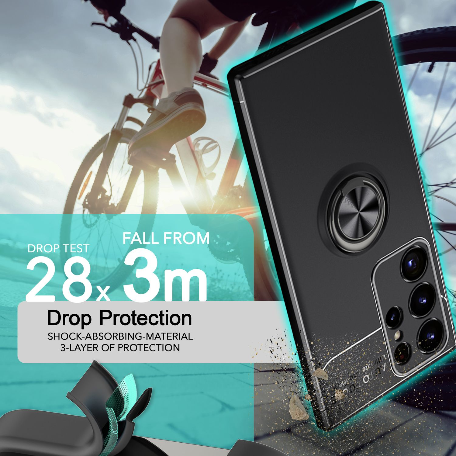 Funda de teléfono con detalles de prueba de caída y bicicleta al fondo.