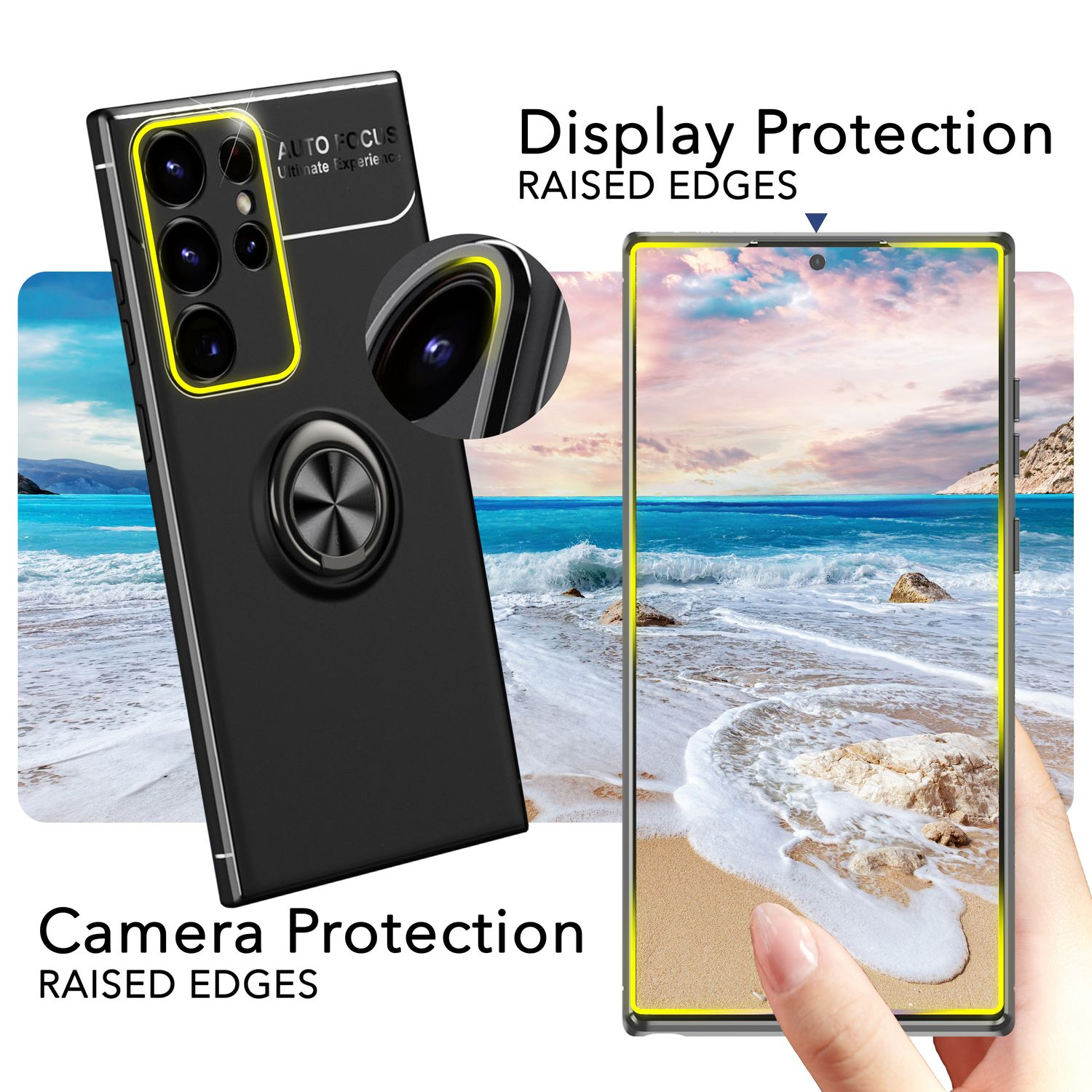 Teléfono en funda negra con detalles amarillos, mostrando protección de pantalla.
