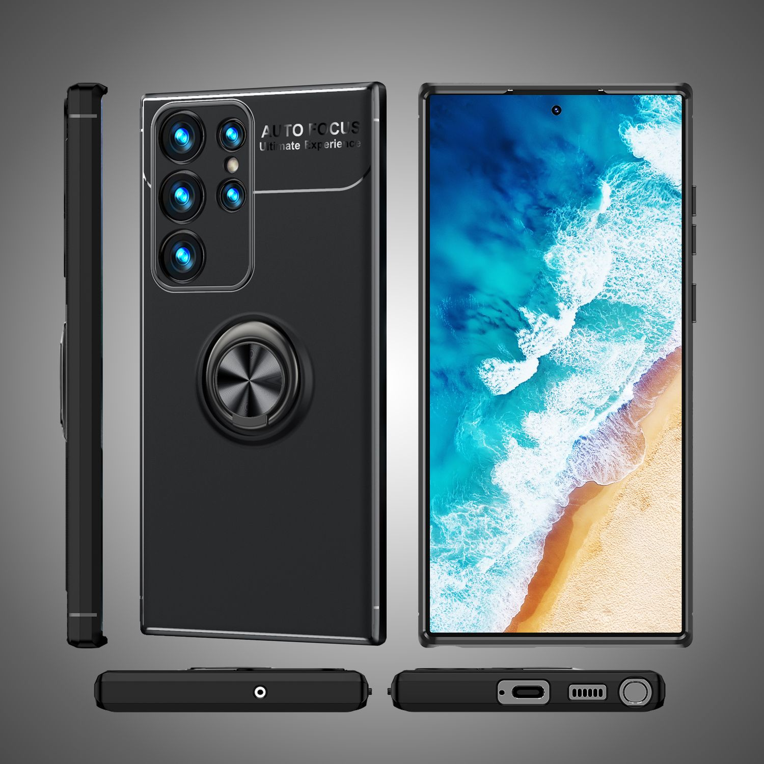 Funda negra para teléfono con soporte de anillo, mostrando la parte trasera, lateral y frontal.