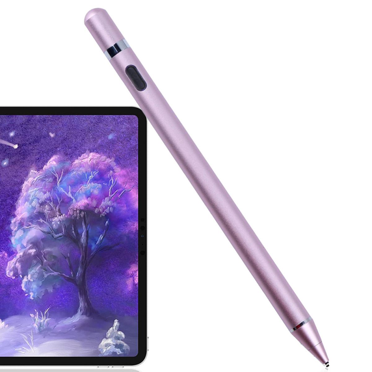 Ein pinker Stift neben einem Tablet mit Kunst. Der Stift hat einen Knopf und ist glänzend.