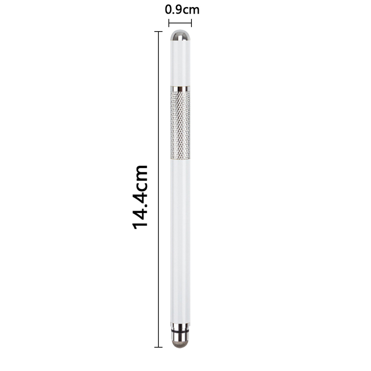 Weißer Eingabestift. Silberner Akzent. Misst 14,4 cm. 0,9 cm Breite.