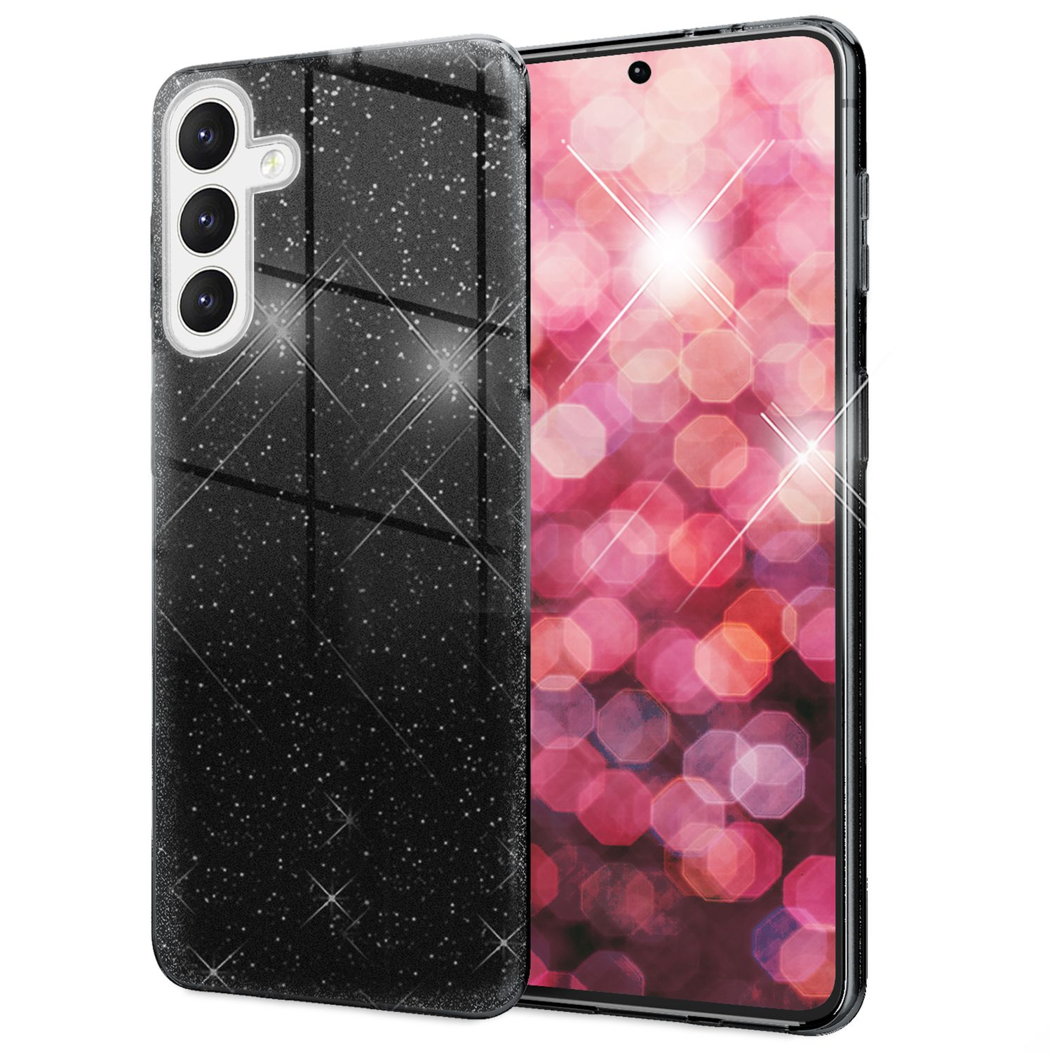 Eine Handyhülle mit schwarzem Glitzerverlauf. Der Bildschirm zeigt ein pinkes Bild.