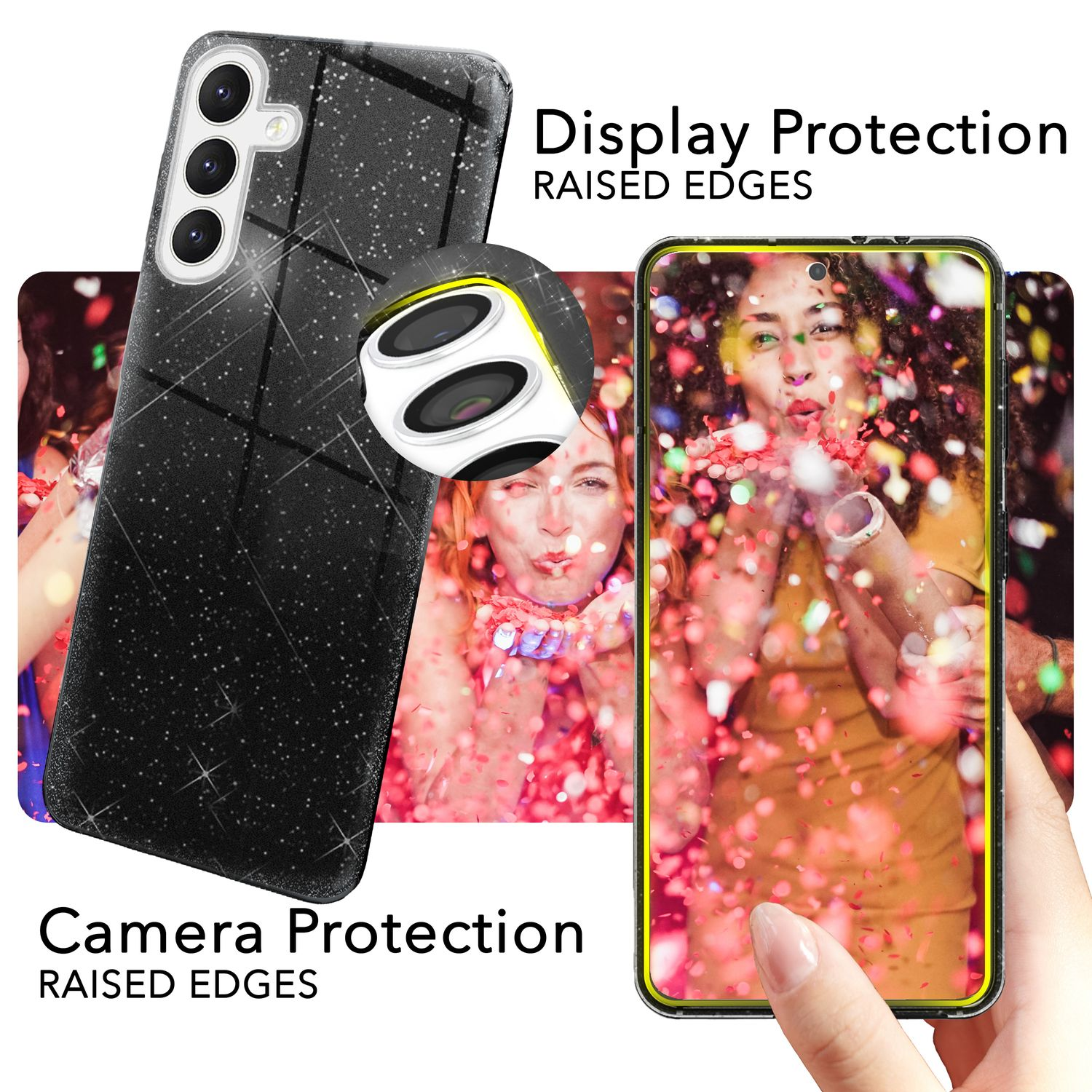 Handyhülle mit schwarzem Glitzerdesign. Nahaufnahme des Telefons mit Funktionen.