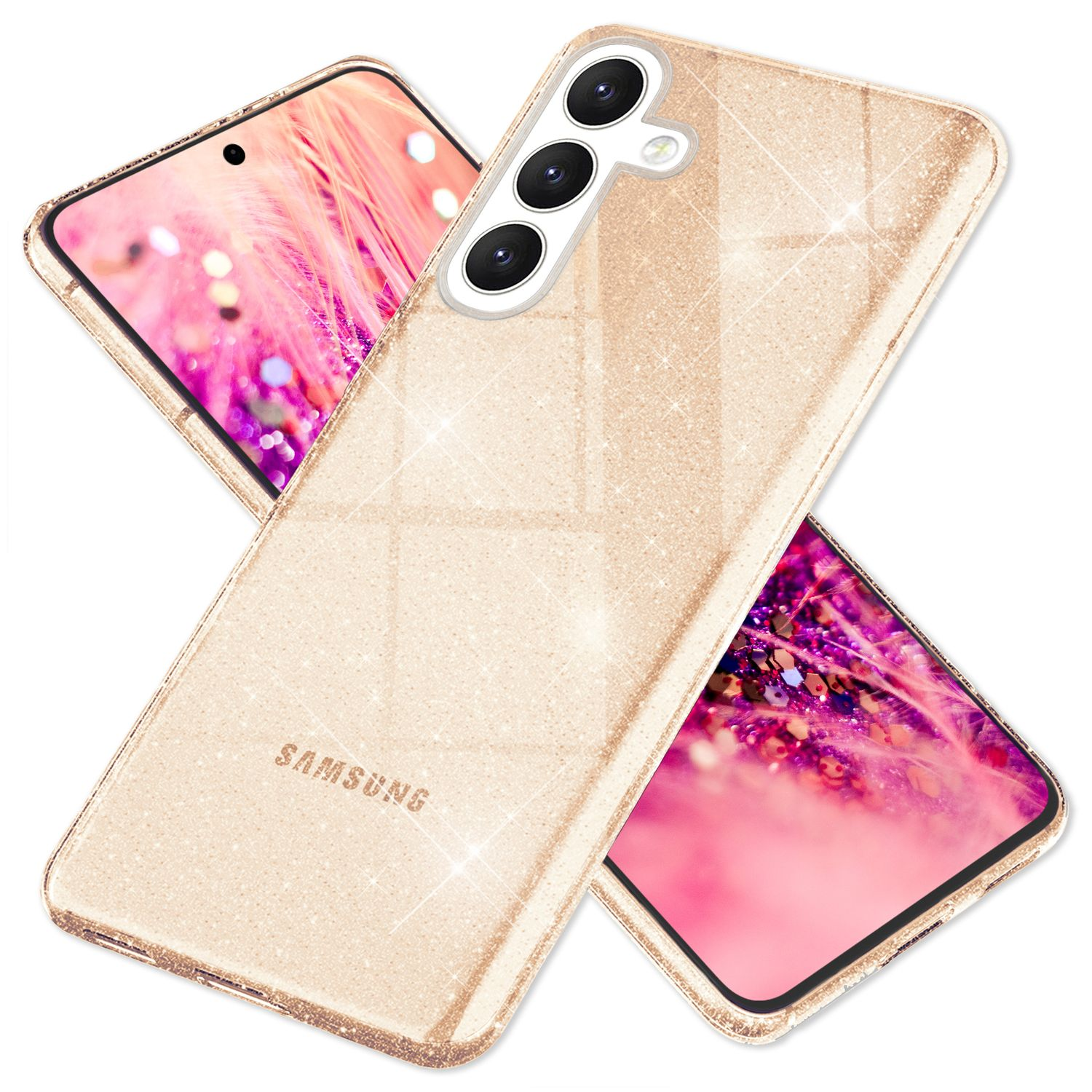 Goldene glitzernde Handyhülle. Zwei Telefone gezeigt. Rosa Hintergrund.