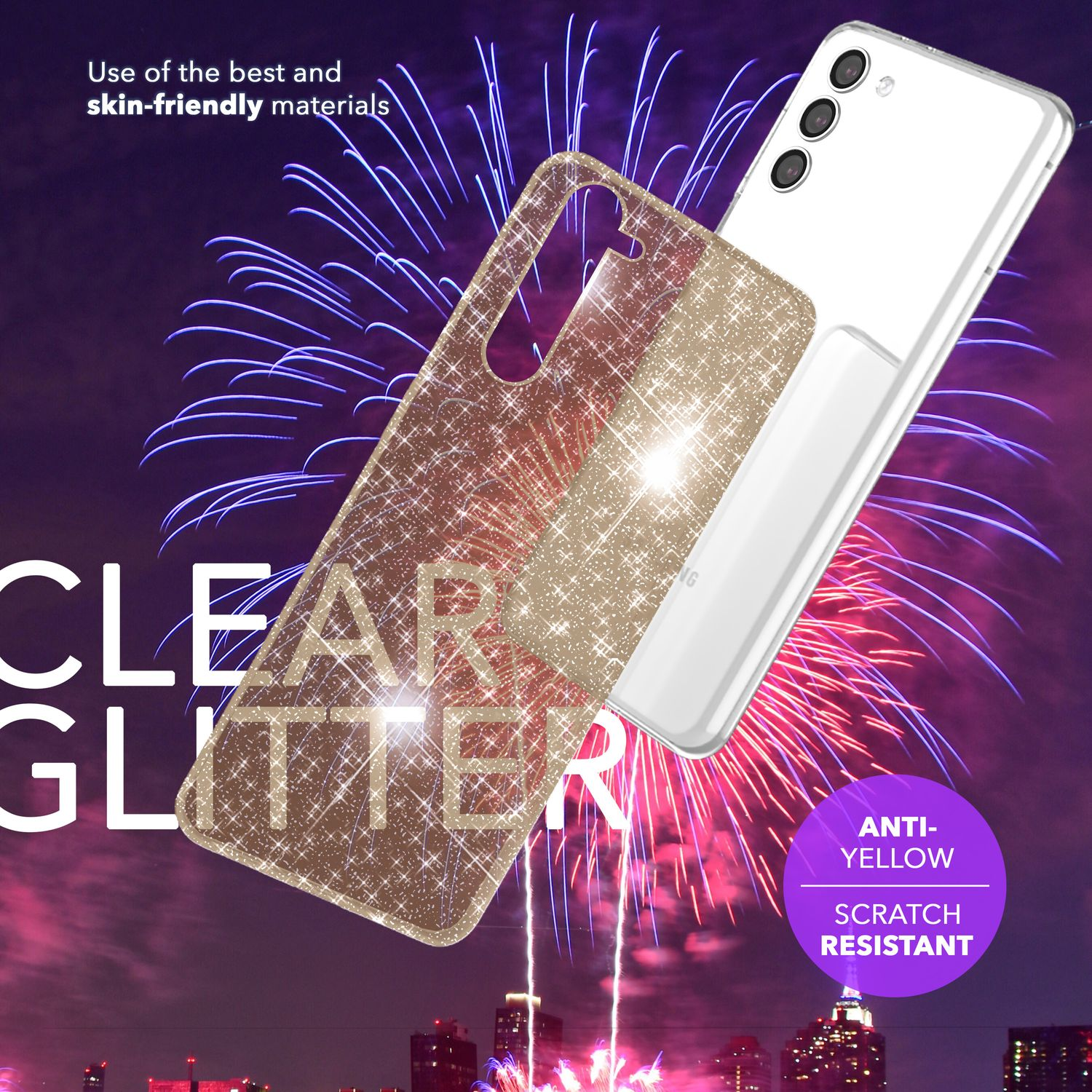 Eine transparente Handyhülle mit Glitzer über einem weißen Telefon, vor einem Feuerwerk und Skyline.