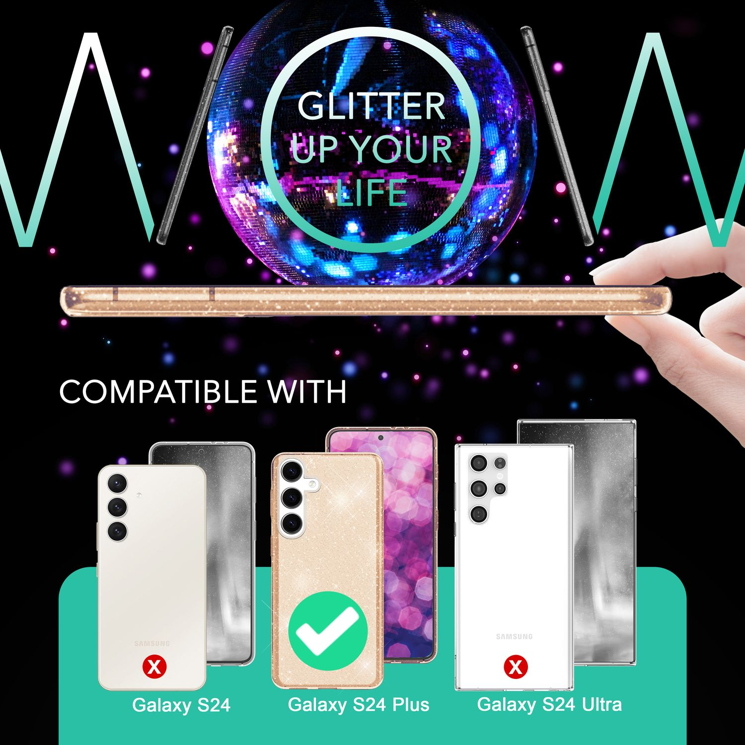 Mehrere Telefone mit Glitzerhüllen, der Text sagt 'Galaxy S24 Plus' ist kompatibel.