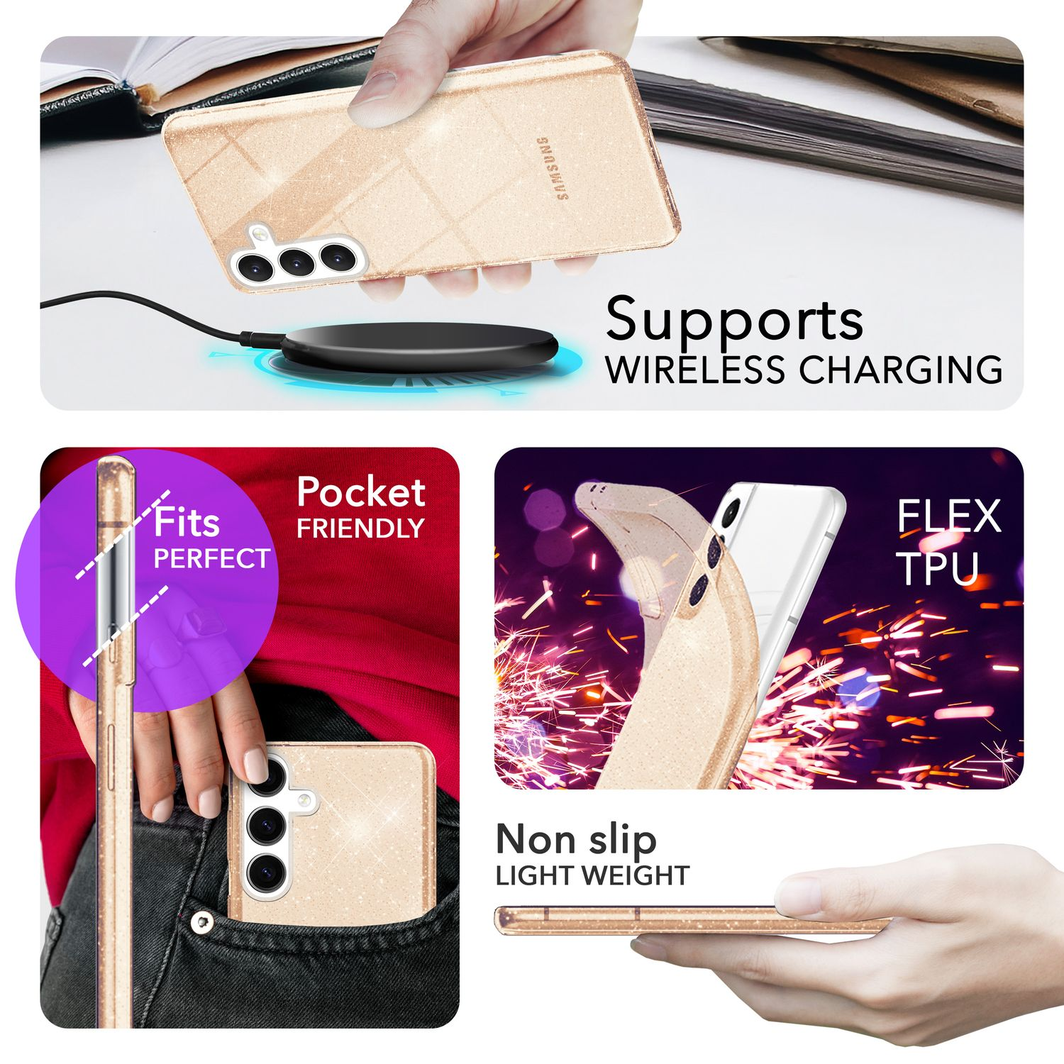 Eine Handyhülle mit Telefon, zeigt drahtloses Laden, passt perfekt und ist rutschfest.