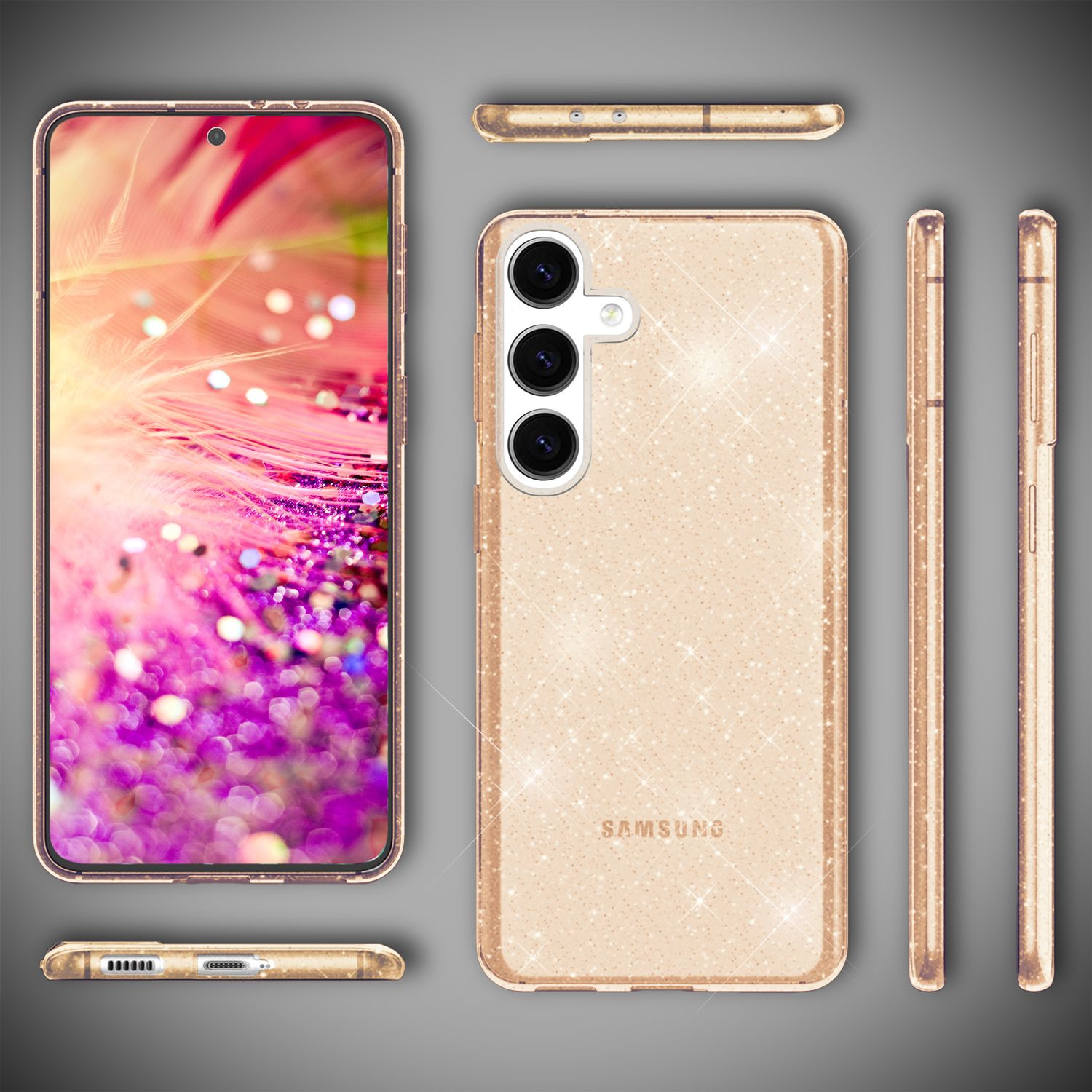 Goldene Handyhülle mit Glitzereffekt. Handy und Hülle in Studioaufnahme. Mehrere Ansichten der Handyhülle.
