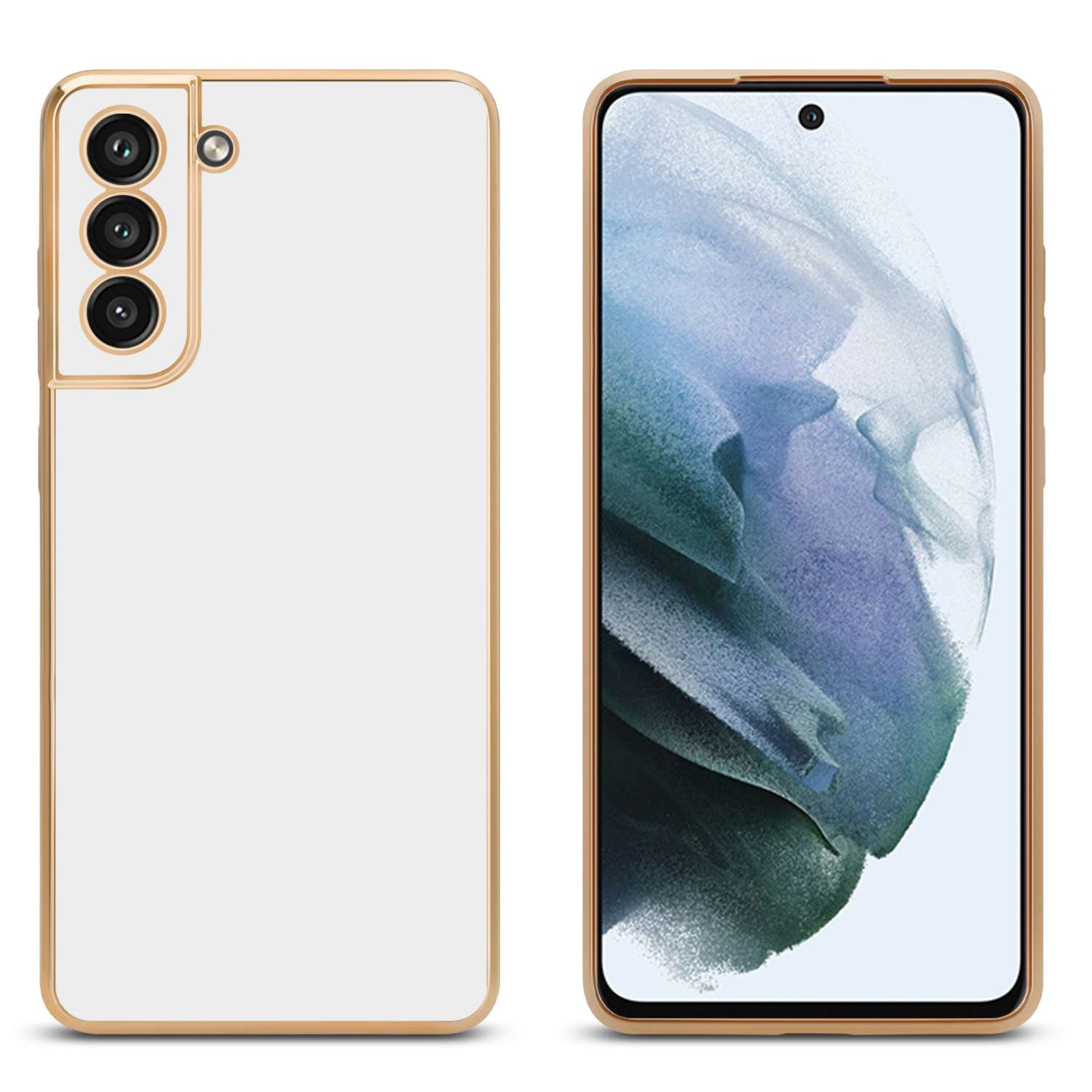 Due telefoni. Uno bianco con cornice dorata. L'altro è un telefono bianco.