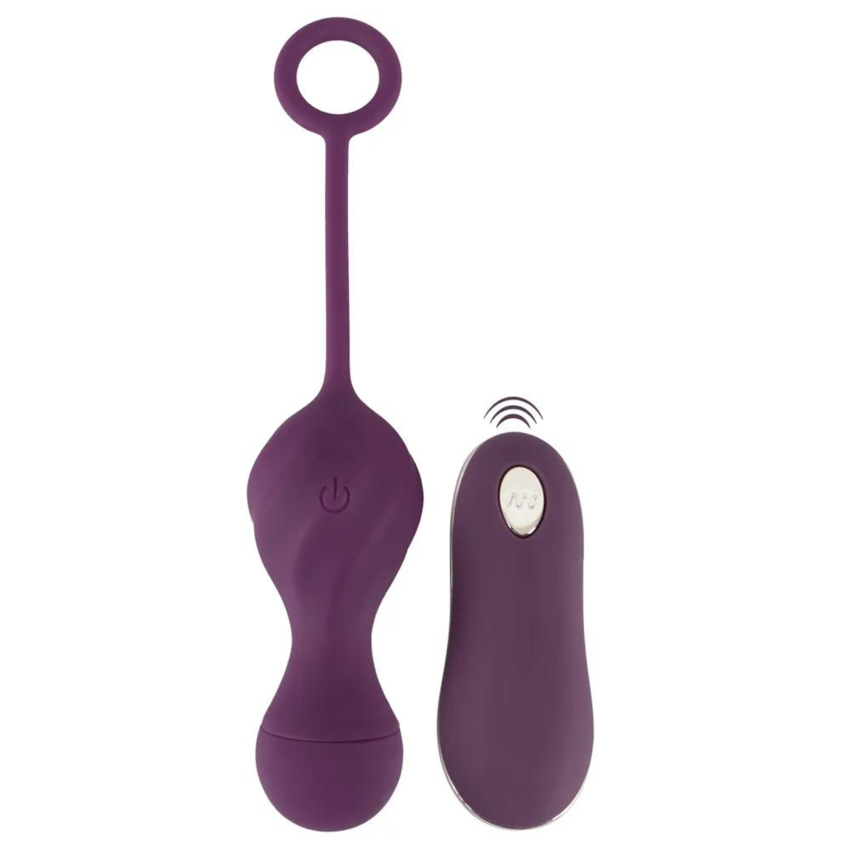 Lila Sexspielzeug mit Schlaufe und Fernbedienung. Die Fernbedienung hat eine Wellentaste.