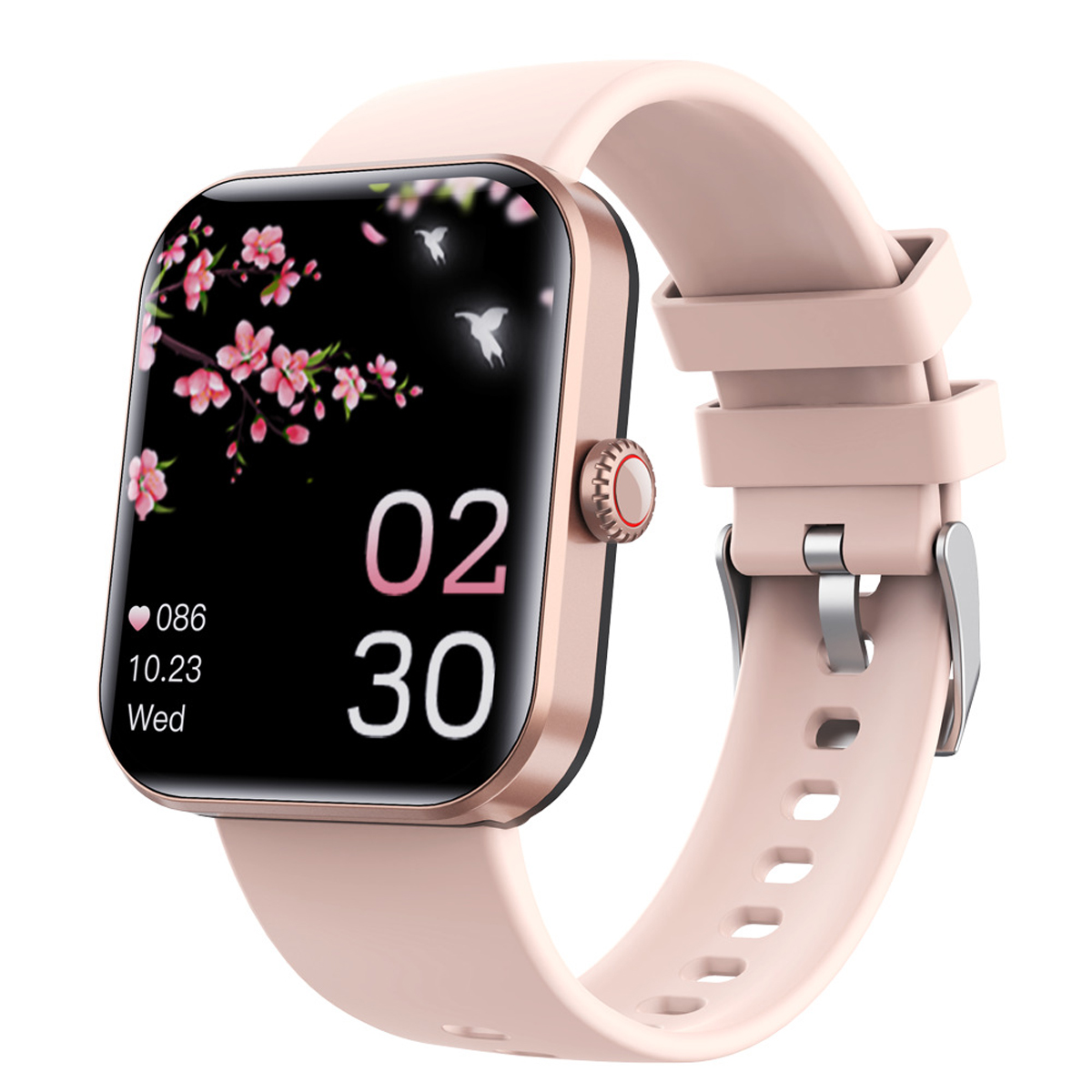 Rosa Smartwatch mit floraler Anzeige, zeigt die Uhrzeit. Rosa Armband, goldener Rahmen.