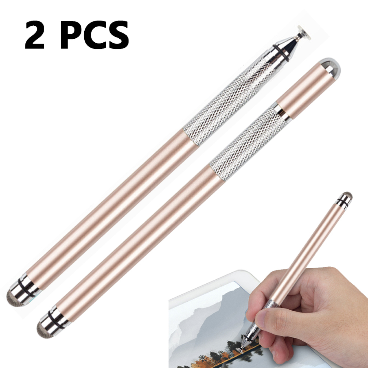 Zwei roségoldene Stifte mit silbernen Akzenten und ein dritter Stift im Einsatz. Oben steht '2 PCS'.