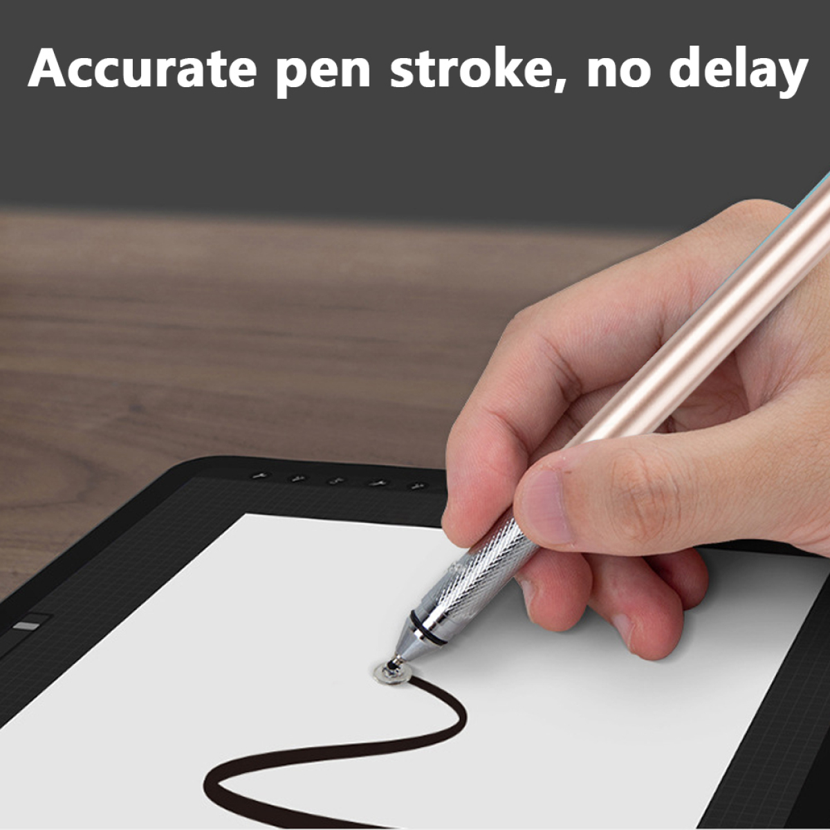 Eine Hand, die einen Stift hält und auf einem Tablet schreibt, mit Text darüber.