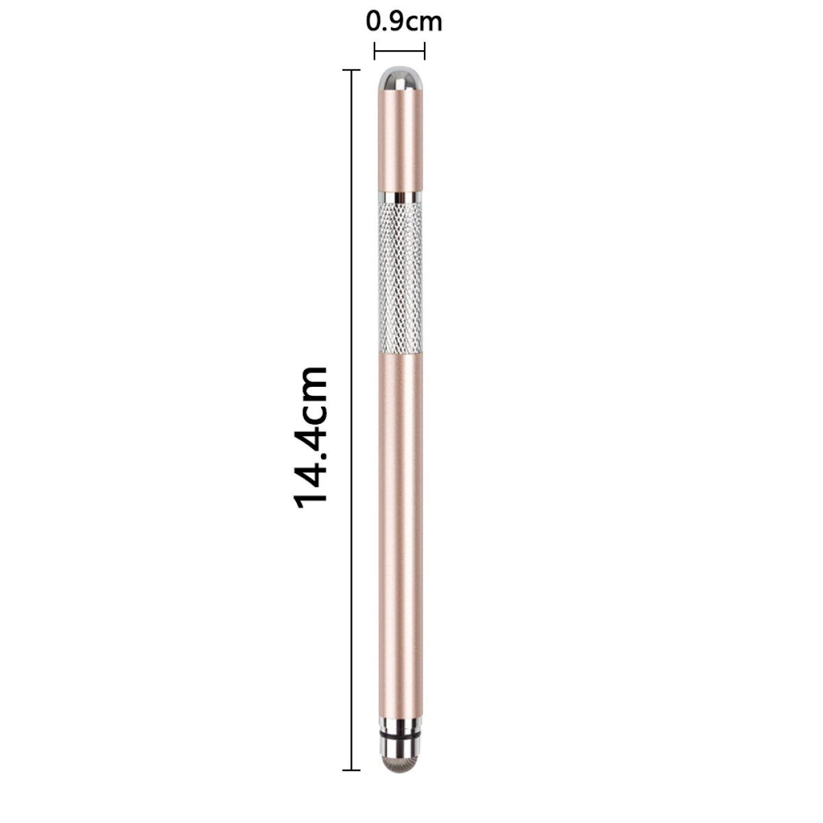 Ein roségoldener Stift mit silbernem Griff wird auf weißem Hintergrund gezeigt, mit Maßangaben.