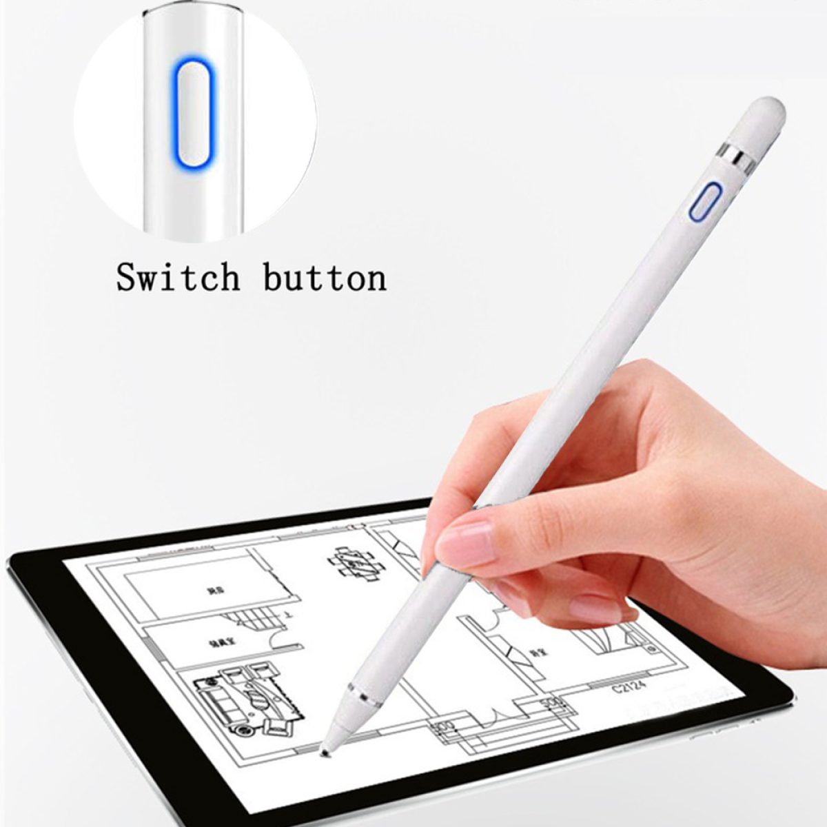 Ein weißer Stift mit blauem Knopf und einem gezeichneten Architekturplan auf einem Tablet.