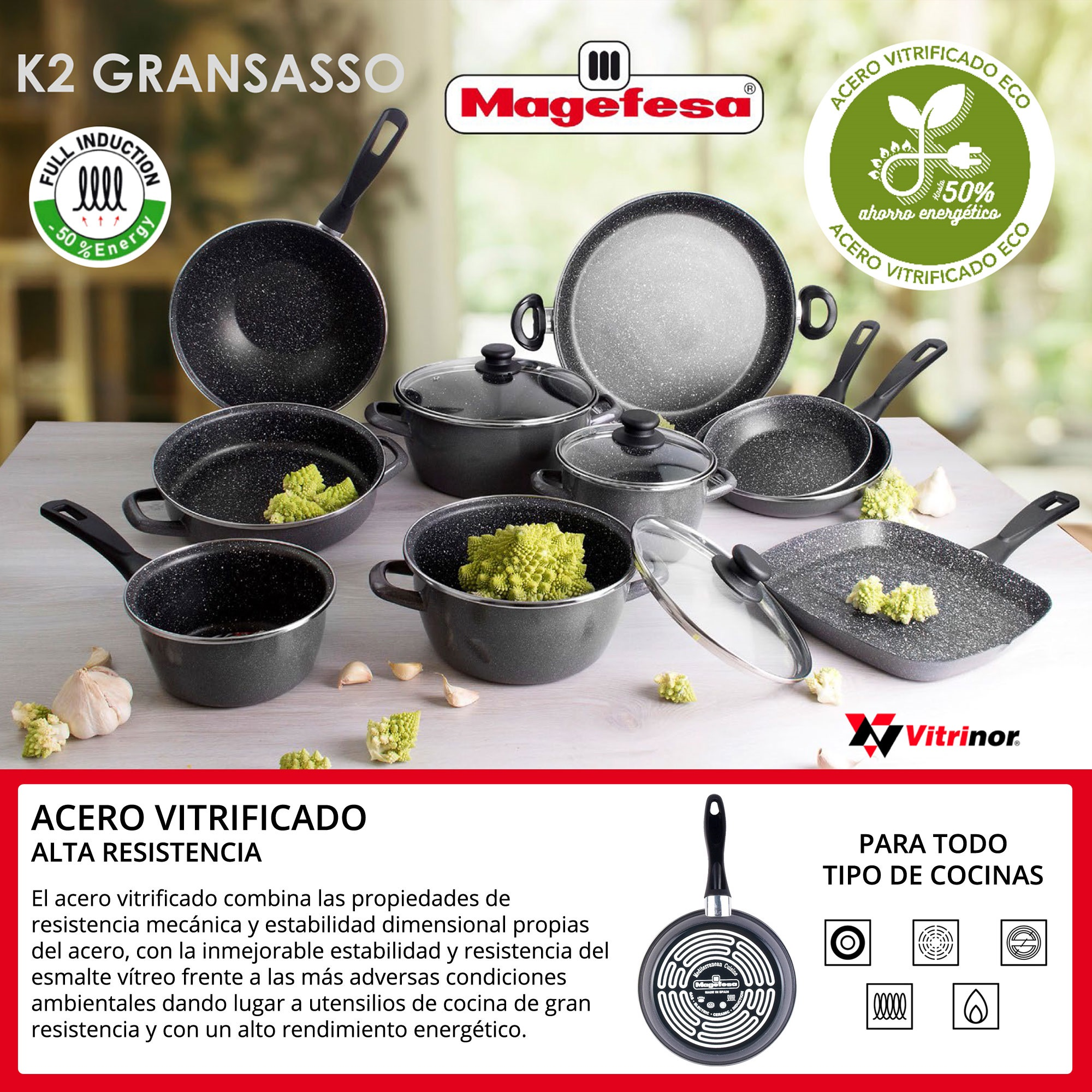 Imagen promocional de sartenes y utensilios de cocina. Varias sartenes con interiores moteados y superposición de texto.